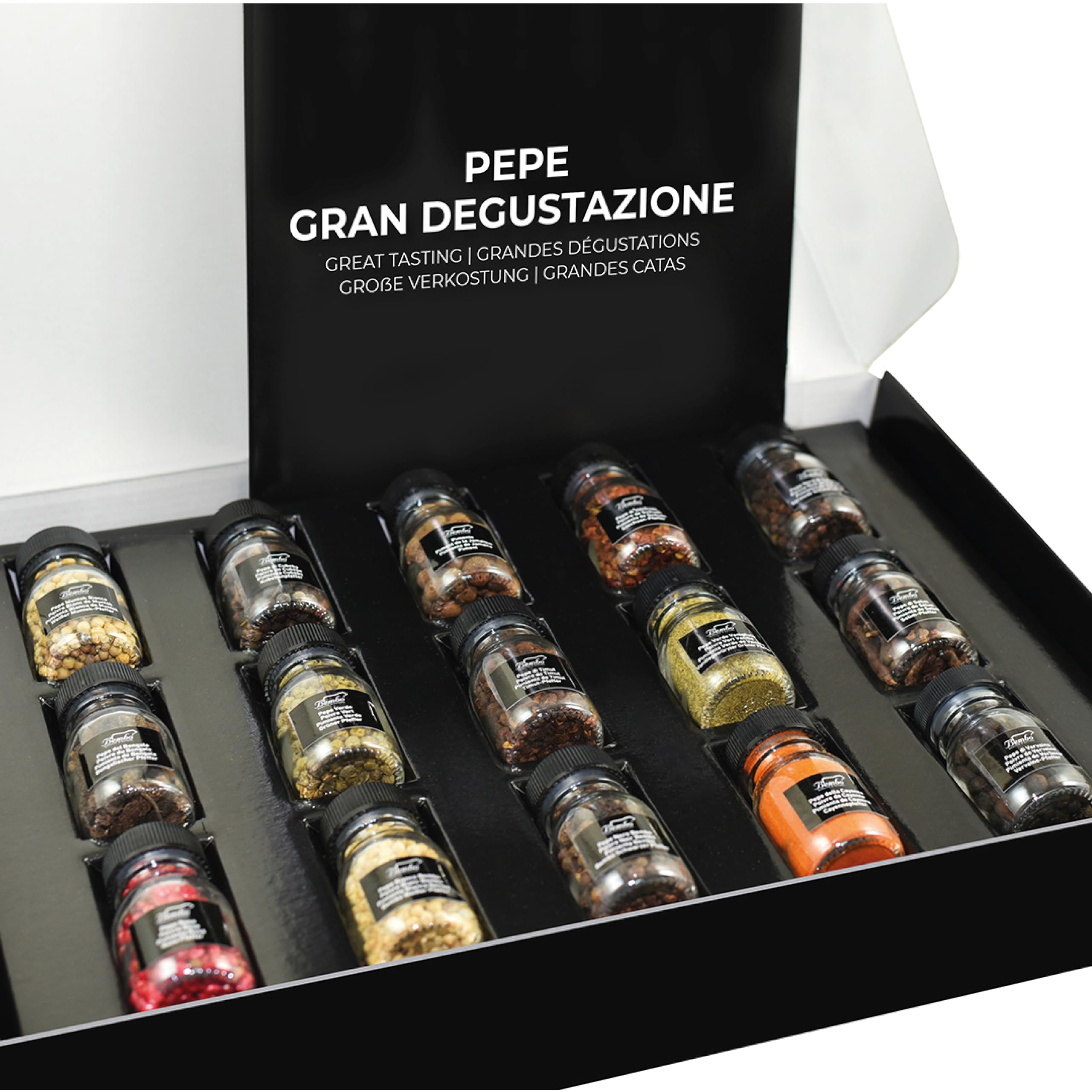Bembo Set Regalo 15 Pepi del Mondo – Collezione Degustazione | 15 pepi da guardare, toccare, annusare e assaggiare. Un viaggio tra aromi del mondo. Made in Italy.