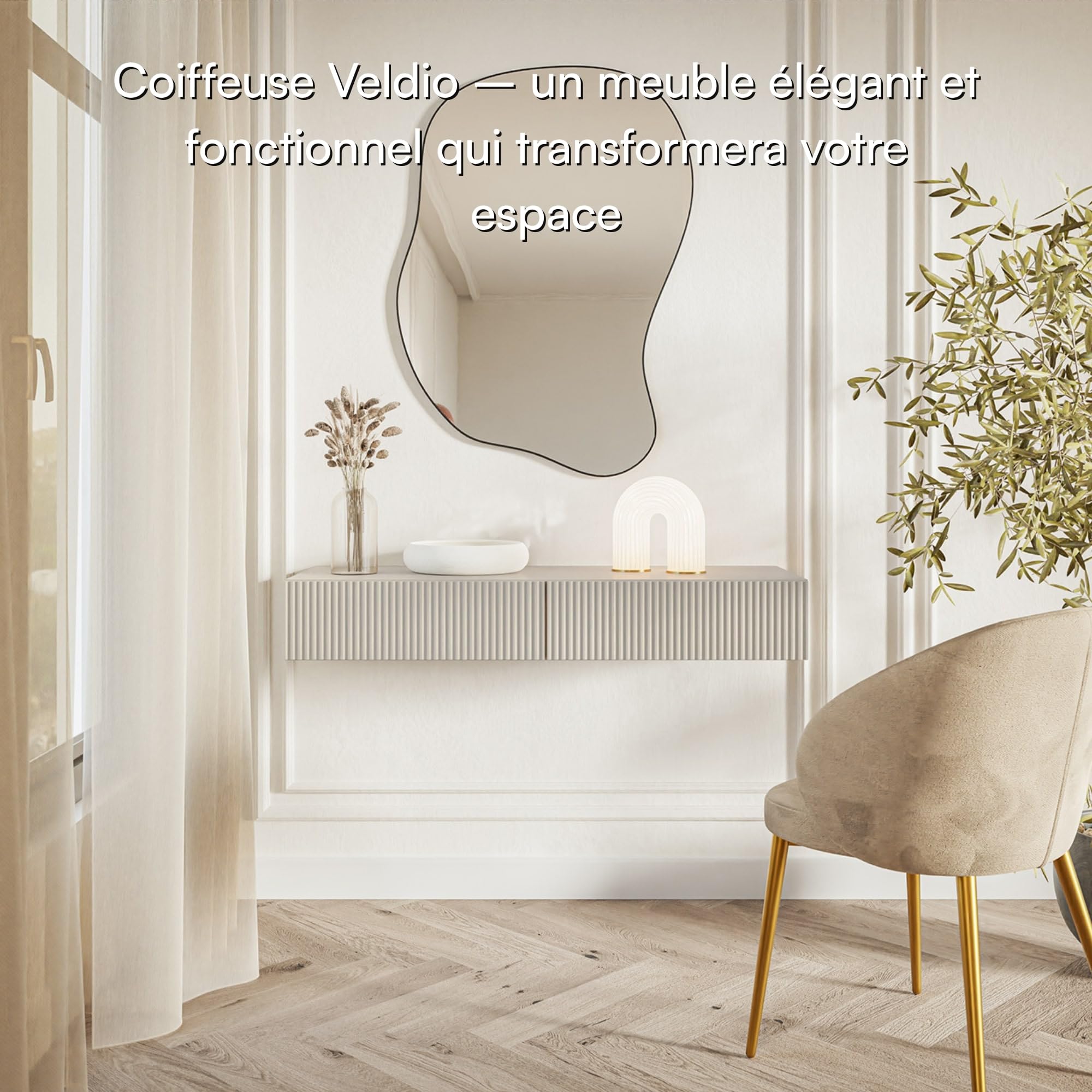 Selsey Coiffeuse avec 2 Tiroirs 110 x 79 cm Suspendue Table De Maquillage Coin Beauté Beige Gris Veldio