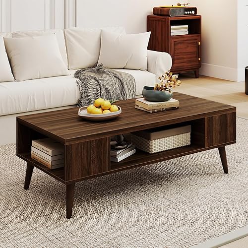 Giantex Mesa auxiliar moderna de mediados de siglo, mesa central rectangular de 42 pulgadas con 2 estantes de almacenamiento y compartimento