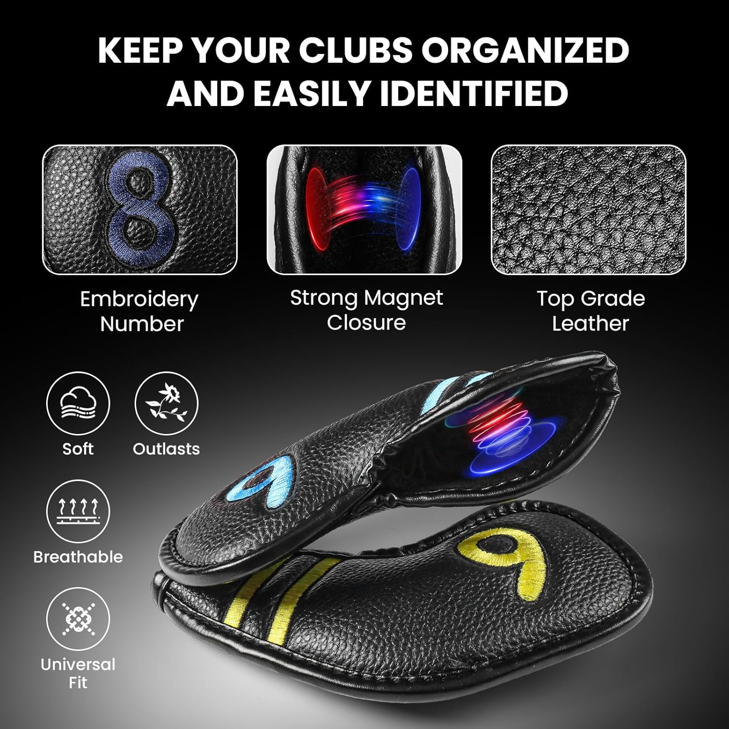 FINGER TEN Magnetic Golf Club Head Covers Value 9 Pack for Iron and Wedge, Premium PU Leather with Double-Sided Colorful Embroidery Label, Stylish Black Covers for Strong Protection