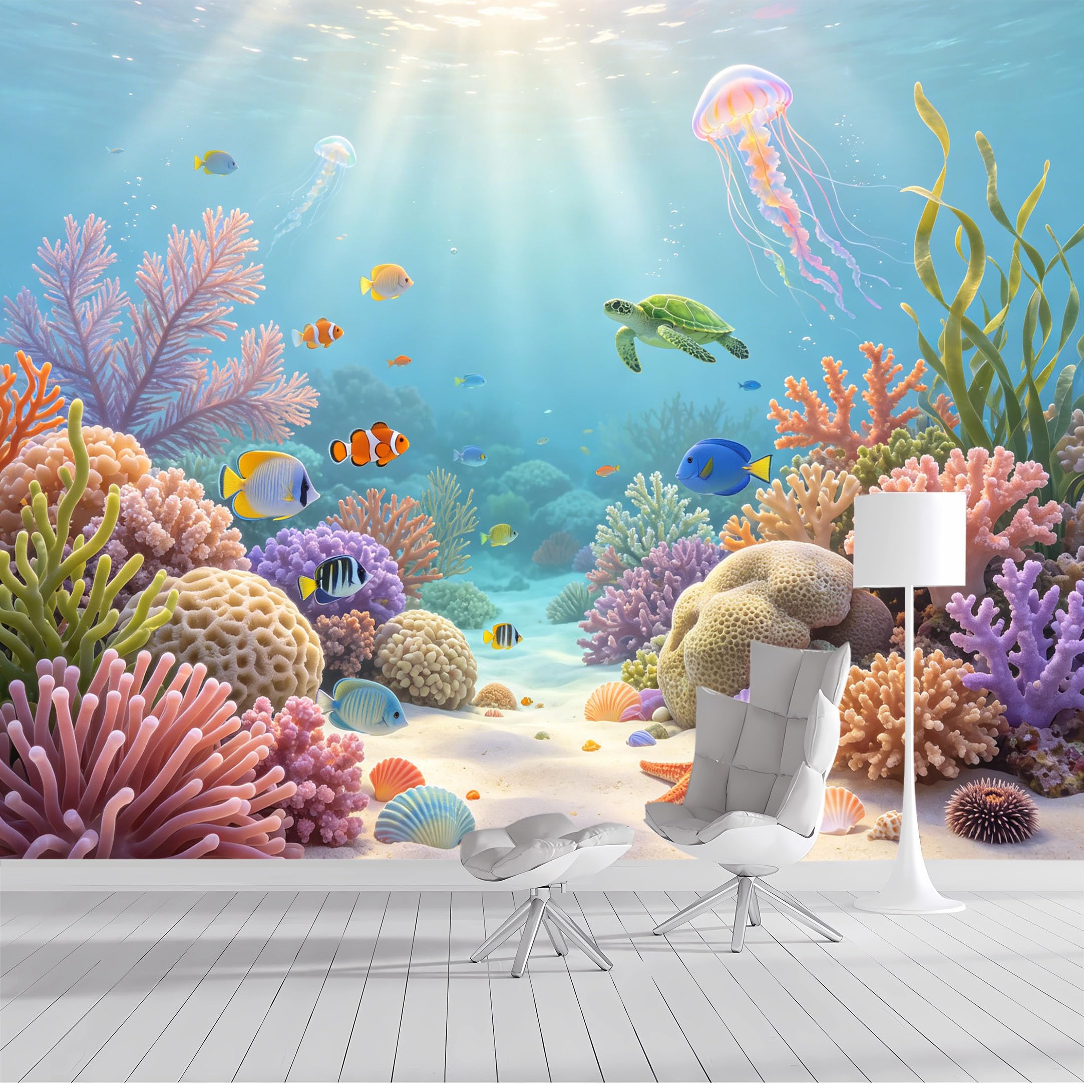 Custom Size Wall Mural Underwater Ocean Coral Reef Marine Life Turtle Jellyfish Tropical Fish Watercolor SelfAdhesive Wall Fabric Removable Wallpaper for Living Room Bedroom Bathroom