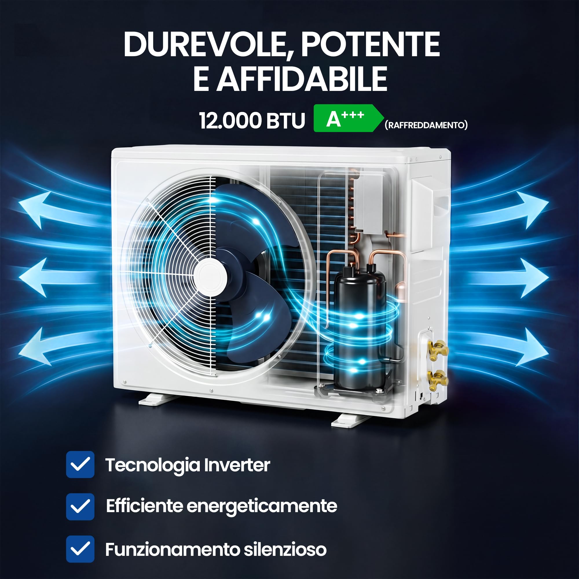 TRIUMPHKEY climatizzatore Split 12000 BTU / 3,4 kW con 2 Tubi in Rame da 3 m, Climatizzatore Inverter con Riscaldamento, Classe A++, fino a 45 m², R32, Telecomando e Kit di Montaggio