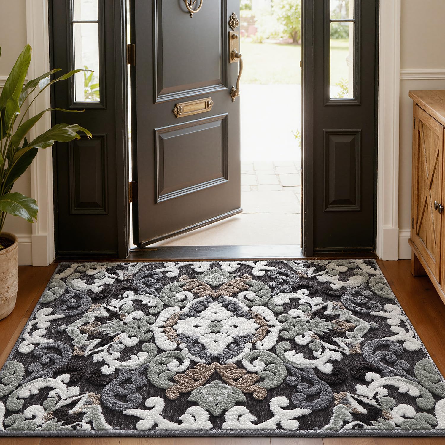 LUMI Indoor Door Mat for Entrance 36x59, Luxury Front Doormat with Non-Slip Latex Rubber Backing, Soft Washable Dirt Trapper, Flower Bliss (Rolled
