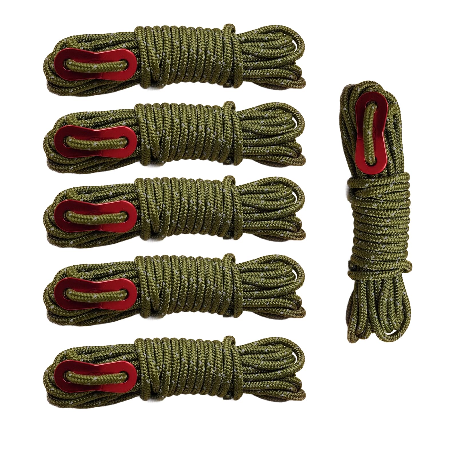Skyzone 6 Pack Reflective Ropes - 4mm x 4M Camping Guide Ropes with Tensioner, Weatherproof Reflective Cord for Tents, Hammocks, Tarps, Outdoor Survival Gear (Military Green, 4mm)