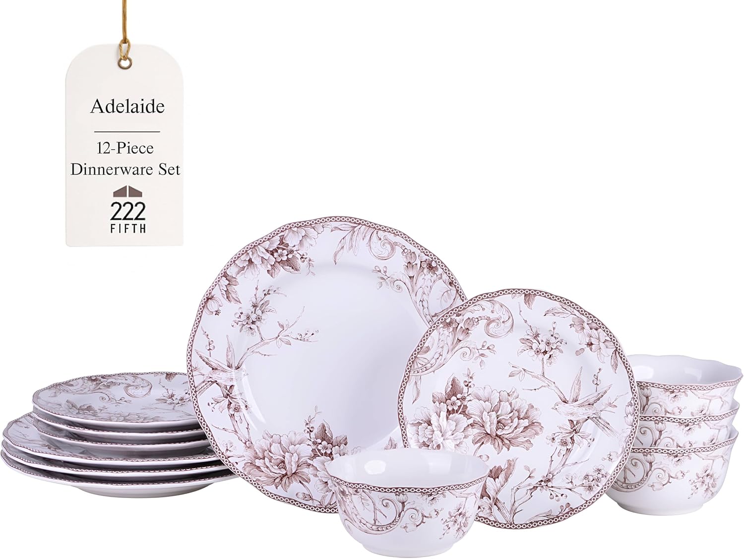 222 Fifth Adelaide Brown on White 12-Piece Dinnerware Set – Service for 4, Plate & Bowl Set,Durable Porcelain, Dishwasher Safe, for Everyday Dining & Entertainment