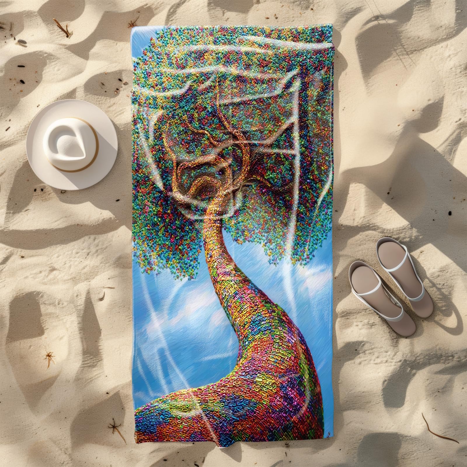 Serviette de Plage 90X180 Arbre Géométrique Bleu-Vert