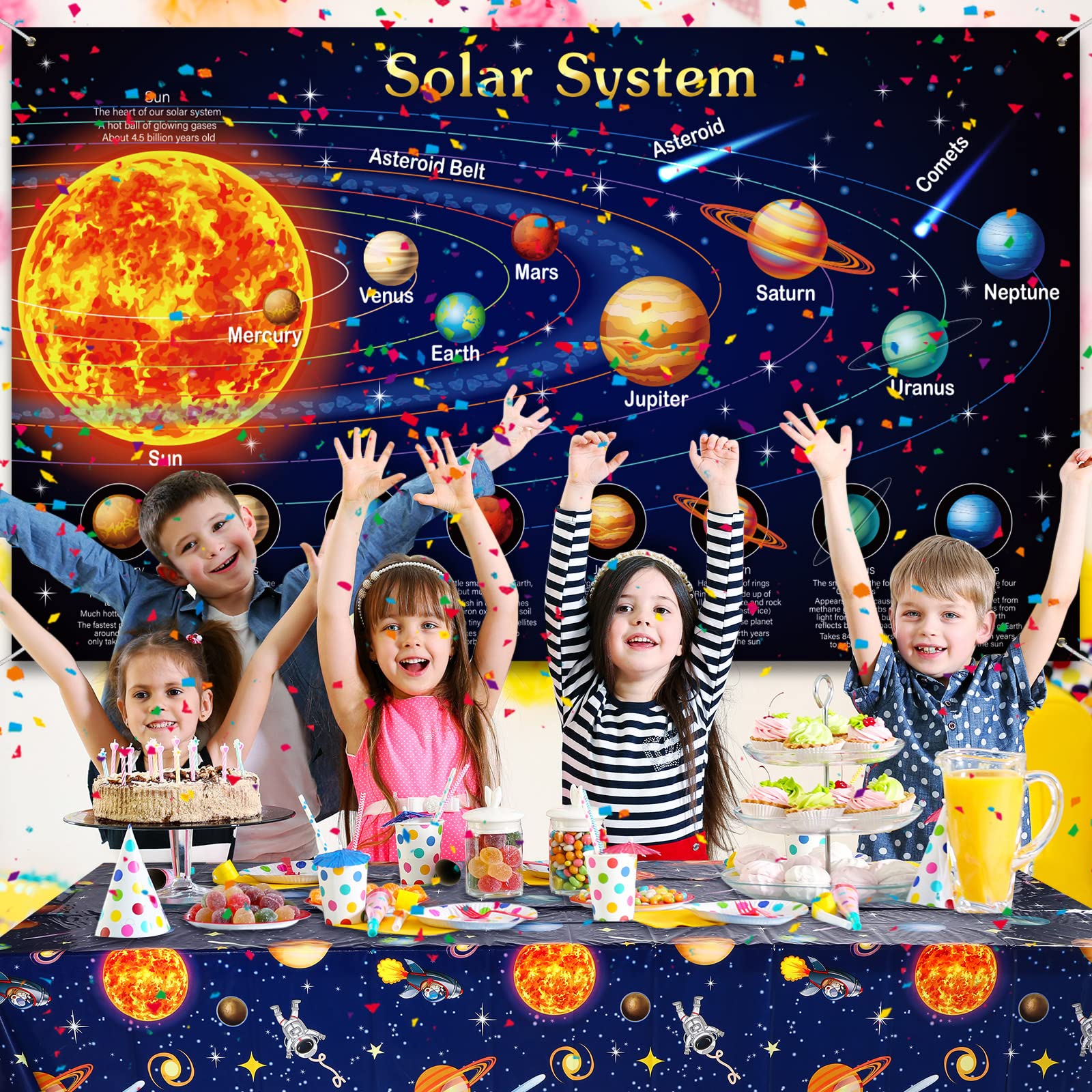 Lot de 6 nappes décoratives en plastique avec système solaire pour enfants, motif planète, décoration de fête d'anniversaire sur le thème de l'espace, 137,2 x 274,3 cm