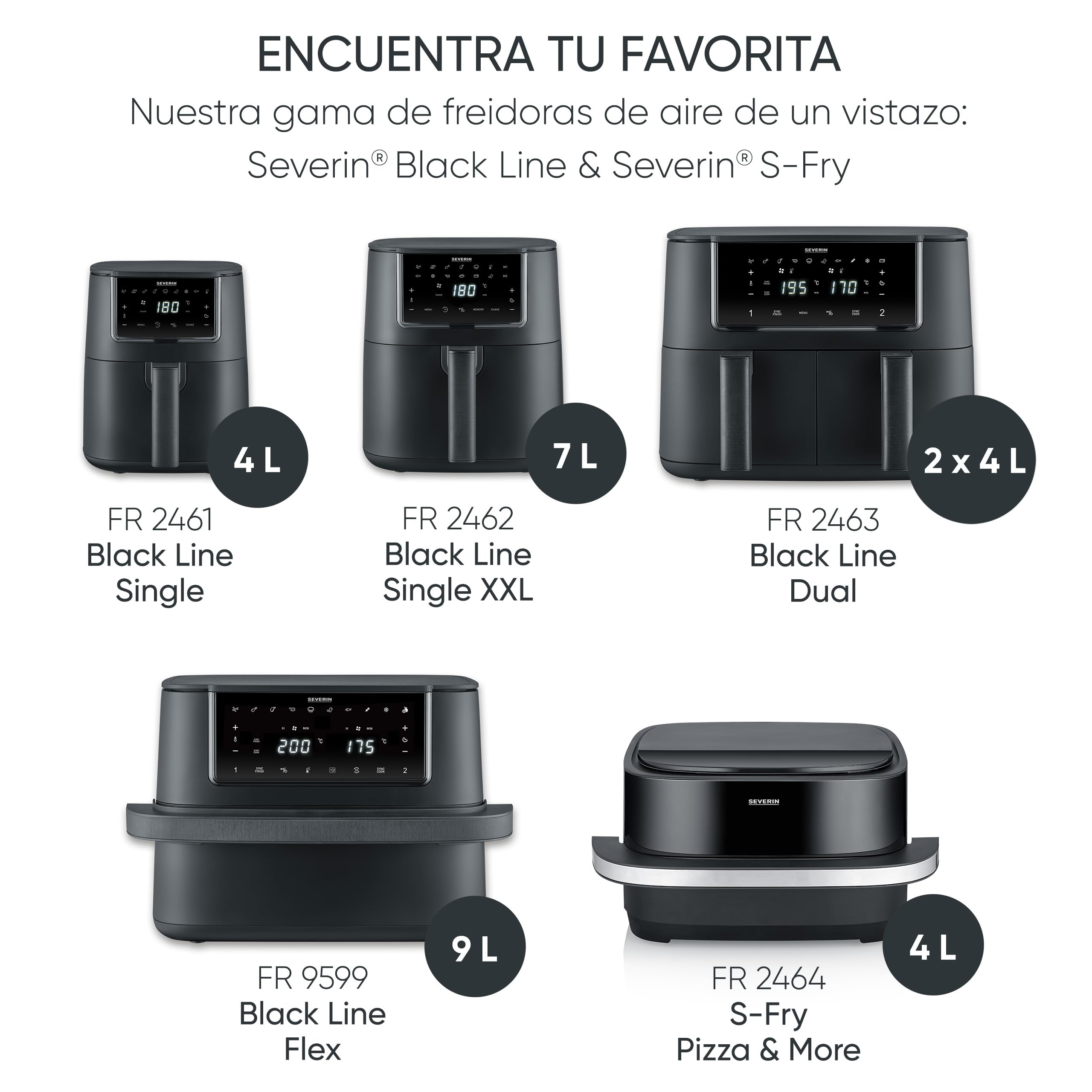 SEVERIN Freidora de aire S-Fry Pizza & More, 10 programas automáticos para pizza y más, distribución óptima del calor, forma extraancha, ventana de visualización, 4 l, 2100 W, negro, plateado, FR 2464