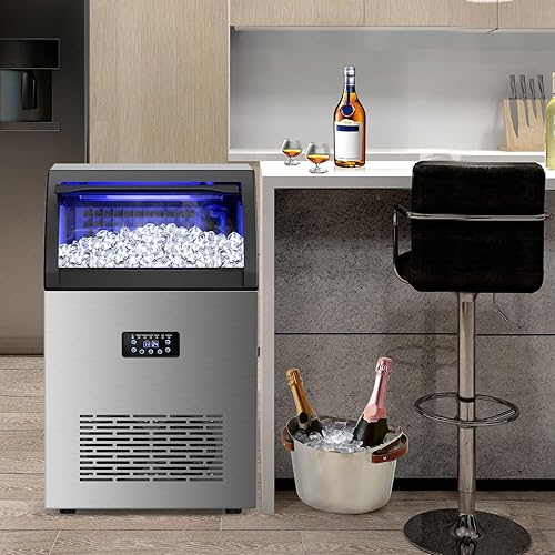 Vista 4 de Máquina comercial para hacer hielo, 150 libras/24 horas con contenedor de almacenamiento de 45 libras, 55 cubos de hielo de 8 minutos, grifo