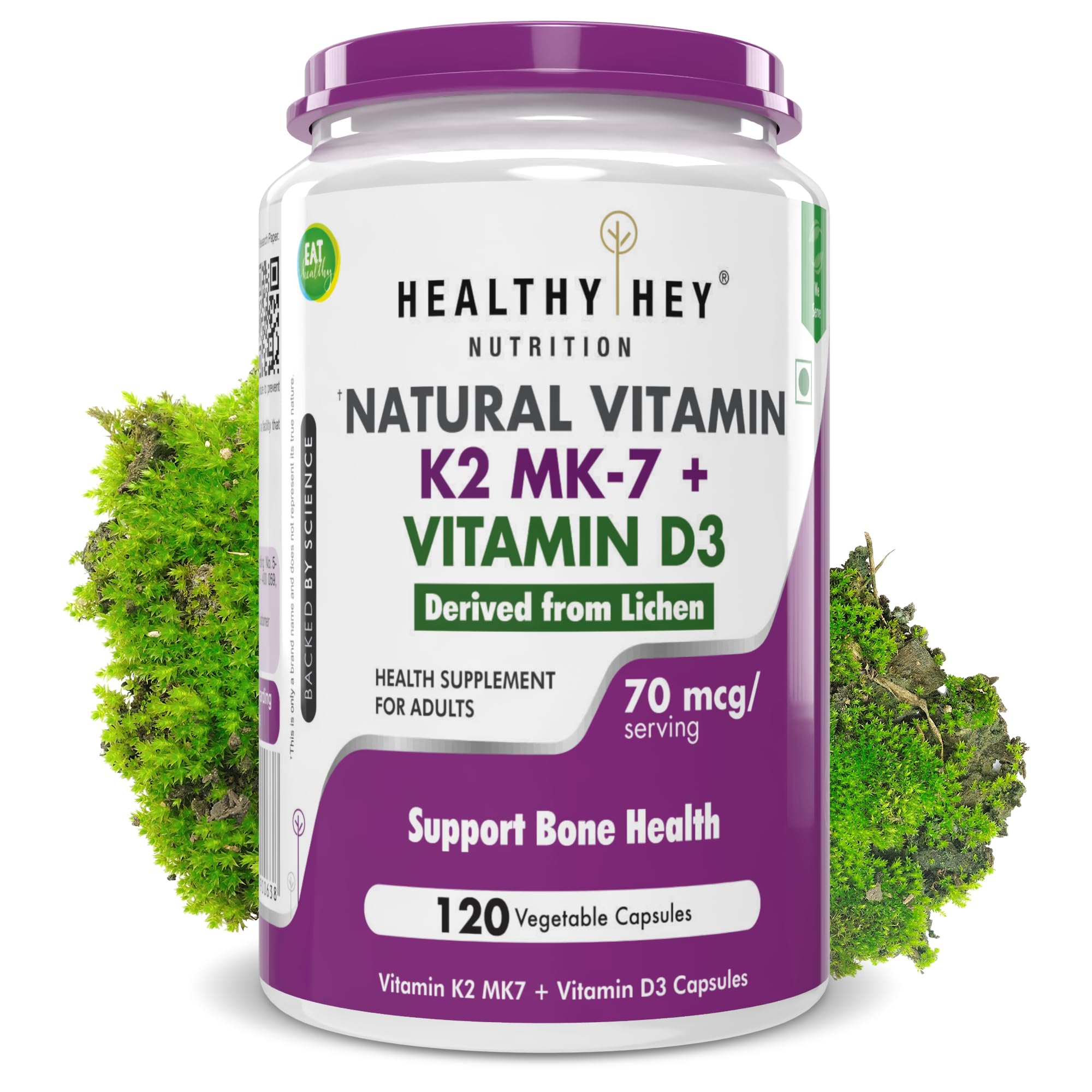 HealthyHey Nutrition Natural Vitamin K2 + Natural D3 - Non-GMO | Non-Synthetic 120 Veg. Capsules
