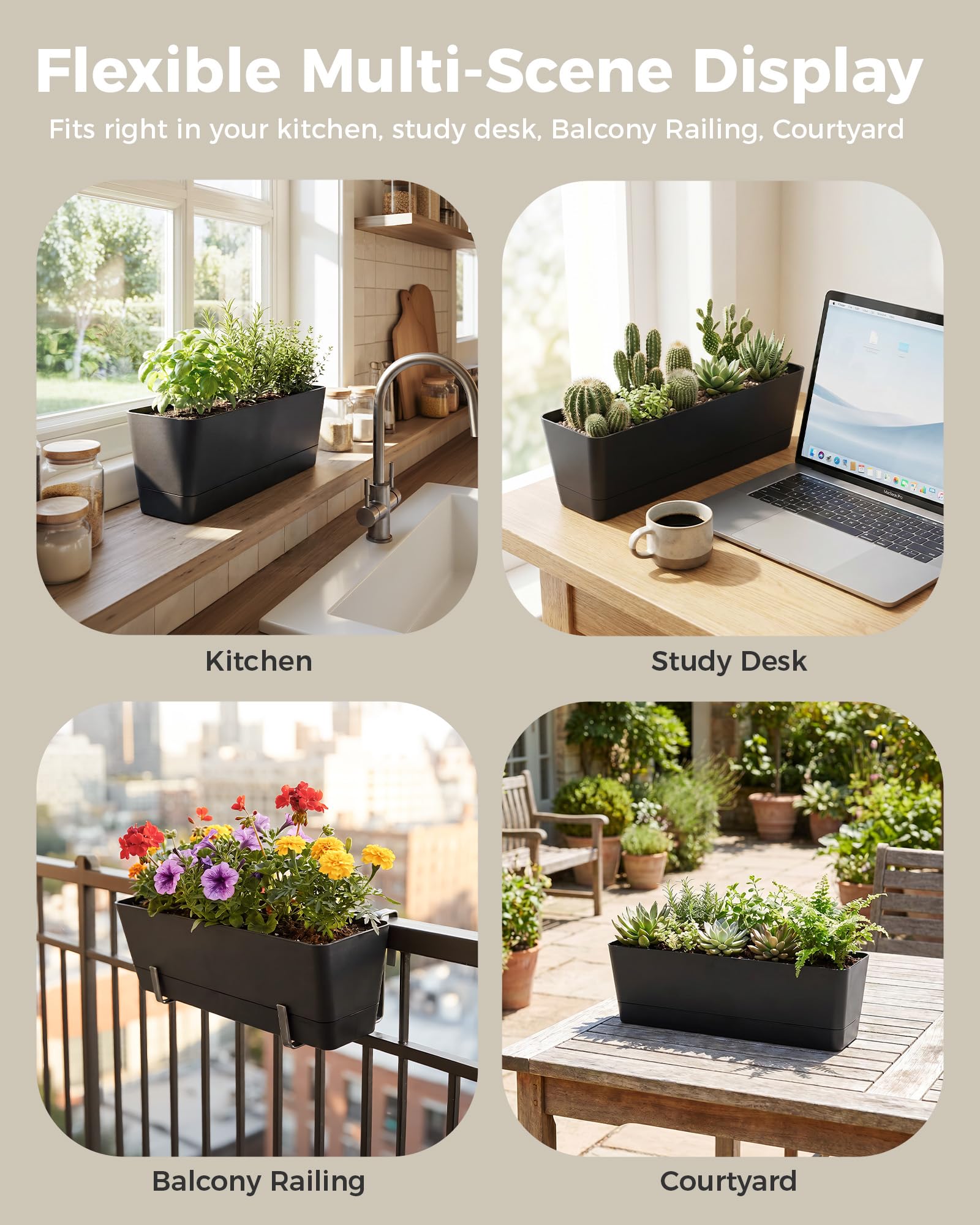 Bamworld 3er-Set Rechteckiger Blumenkasten 42x12 cm mit Drainage, für Sukkulenten auf Fensterbank, Balkon & als Tischdekoration, Schwarz