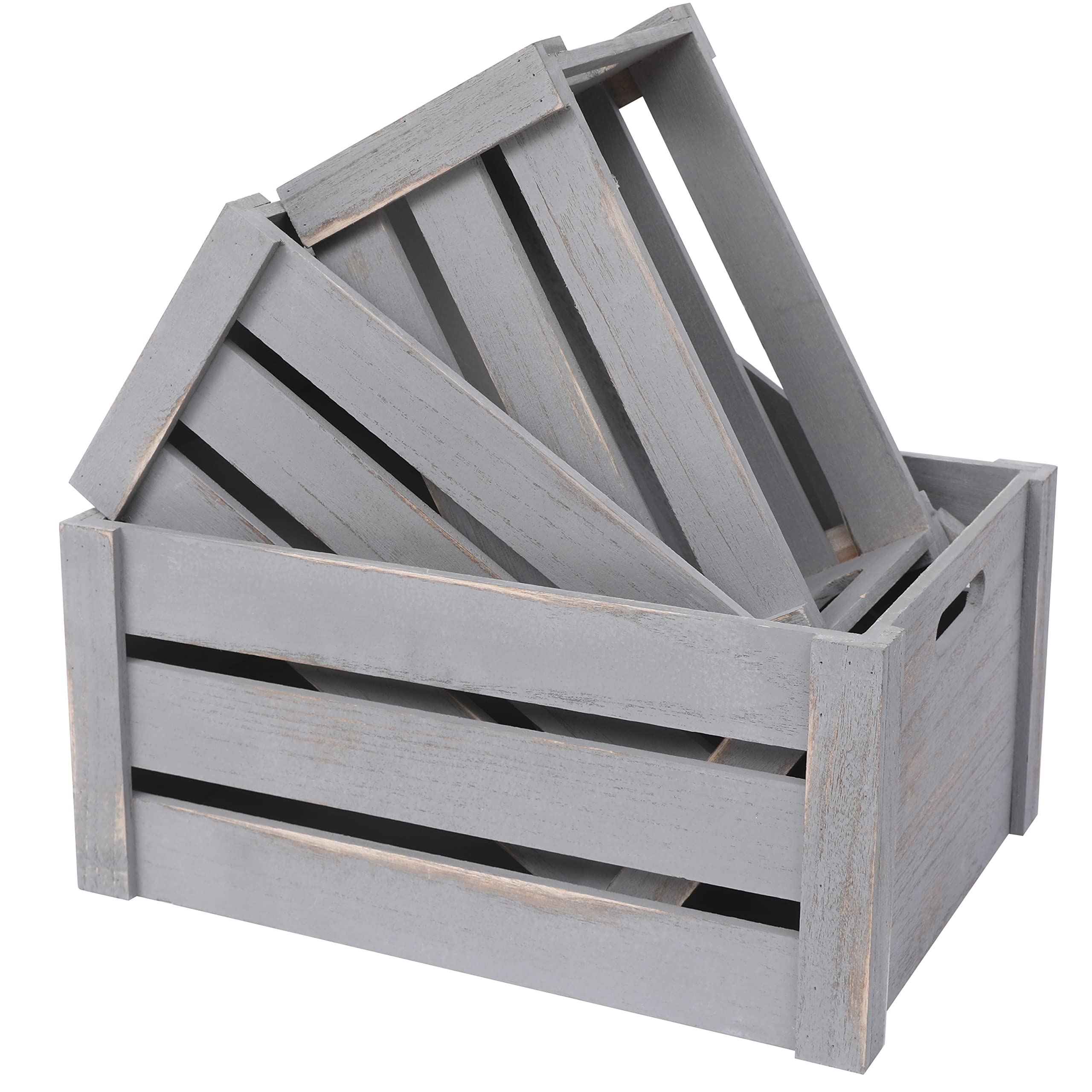 SENRYEE Farmhouse Antique grey Wooden Crate For Storage,Rustic Decorative Boxes,Set Of 3 Extra Large Nesting Wooden Storage Crates For display,Handmade Natural Solid Wood Box, Wooden Storage Boxes For Milk,Toys,Towel,Wine,etc. 15 x 11 x 7inches (grey)