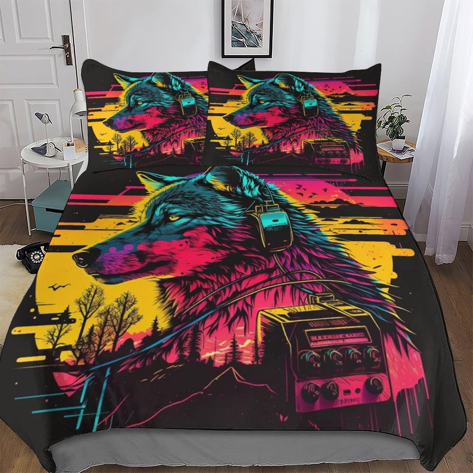Housse de couette loup néon 220x240 cm avec taies d'oreiller pour lit king size