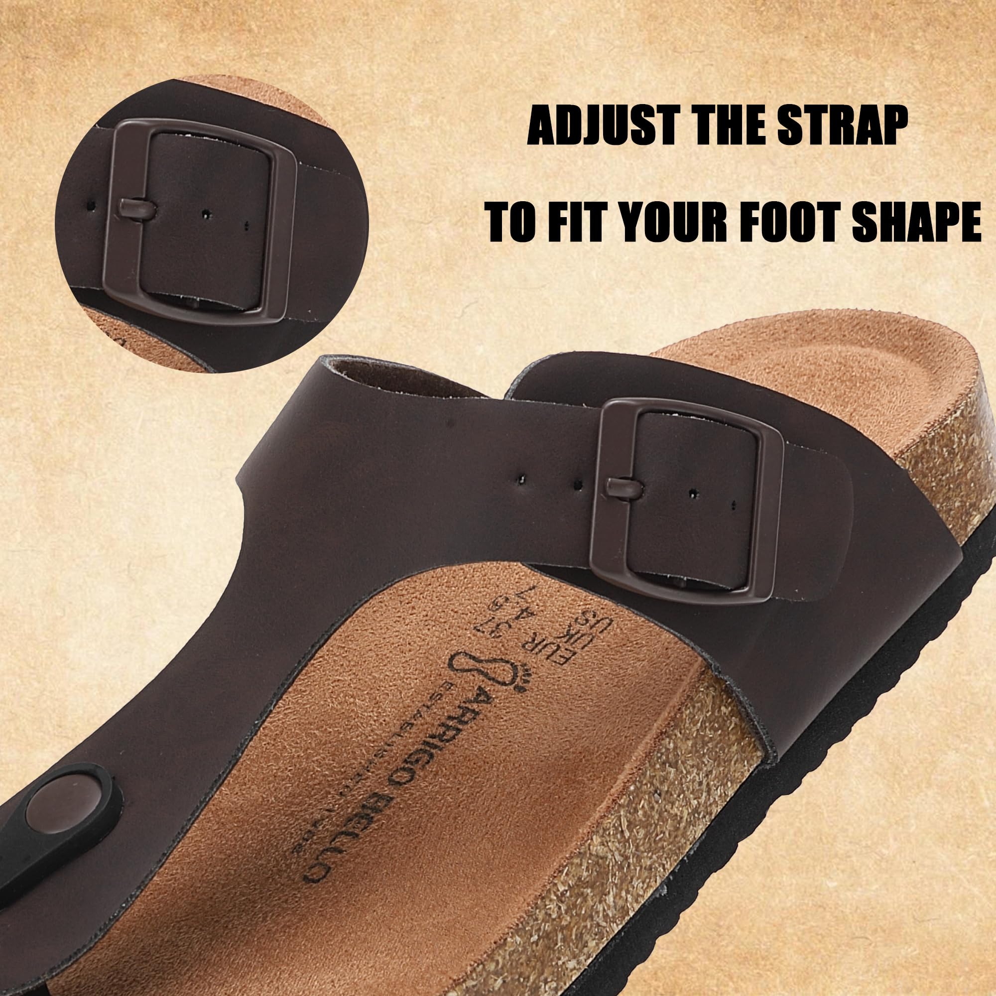 ARRIGO BELLO Herren Damen Zehentrenner Pantoletten Natur Kork Leder Flip Flops Leicht Rutschfest Sommer Slip On Flach Sandalen Verstellbare Schnalle EU 36-46