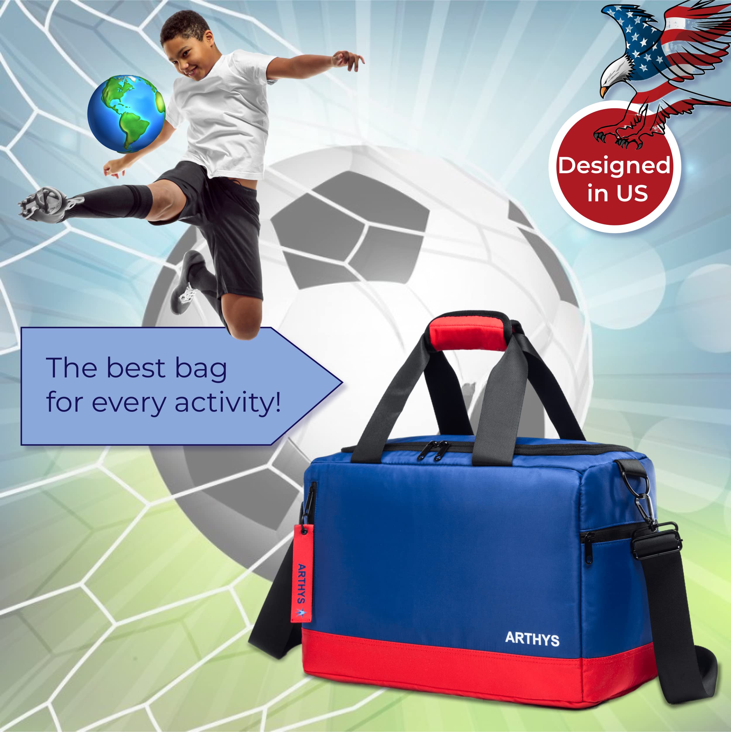 Borsone da viaggio con 3 scomparti regolabili per scarpe da ginnastica, allenamento sportivo e weekender, TSA, da uomo, Blu-Rosso, Medium