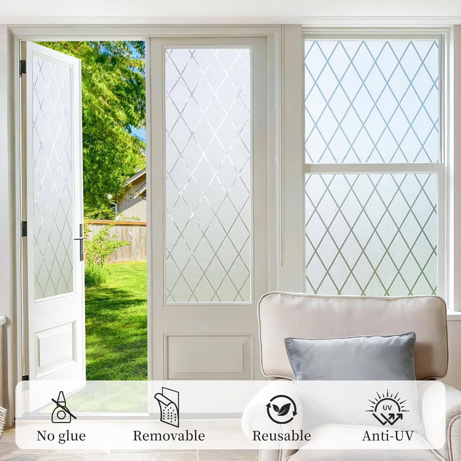 Static Cling Privacy Window Film, Elegant Lattice Pattern Frosted Glass Window Covering, 99% UV Blocking, Removable & Reusable for Bathroom, Bedroom, Kitchen, Office‌ (35.4 x 78.7 in)