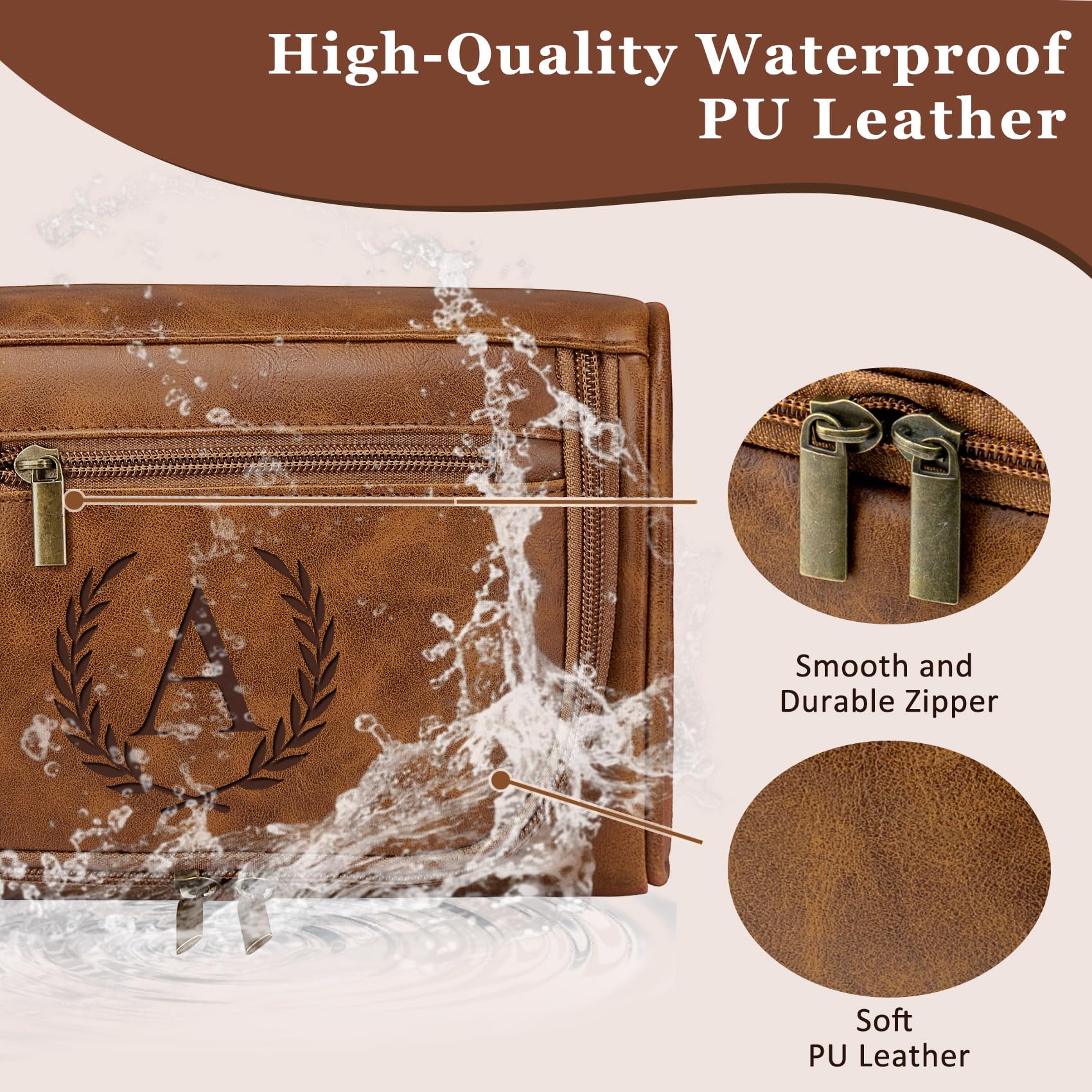 Borsa da toilette personalizzata in pelle PU impermeabile per uomo lui, iniziali personalizzate borsa da barba da uomo accessori essenziali da viaggio laureati regalo di laurea marrone chiaro L