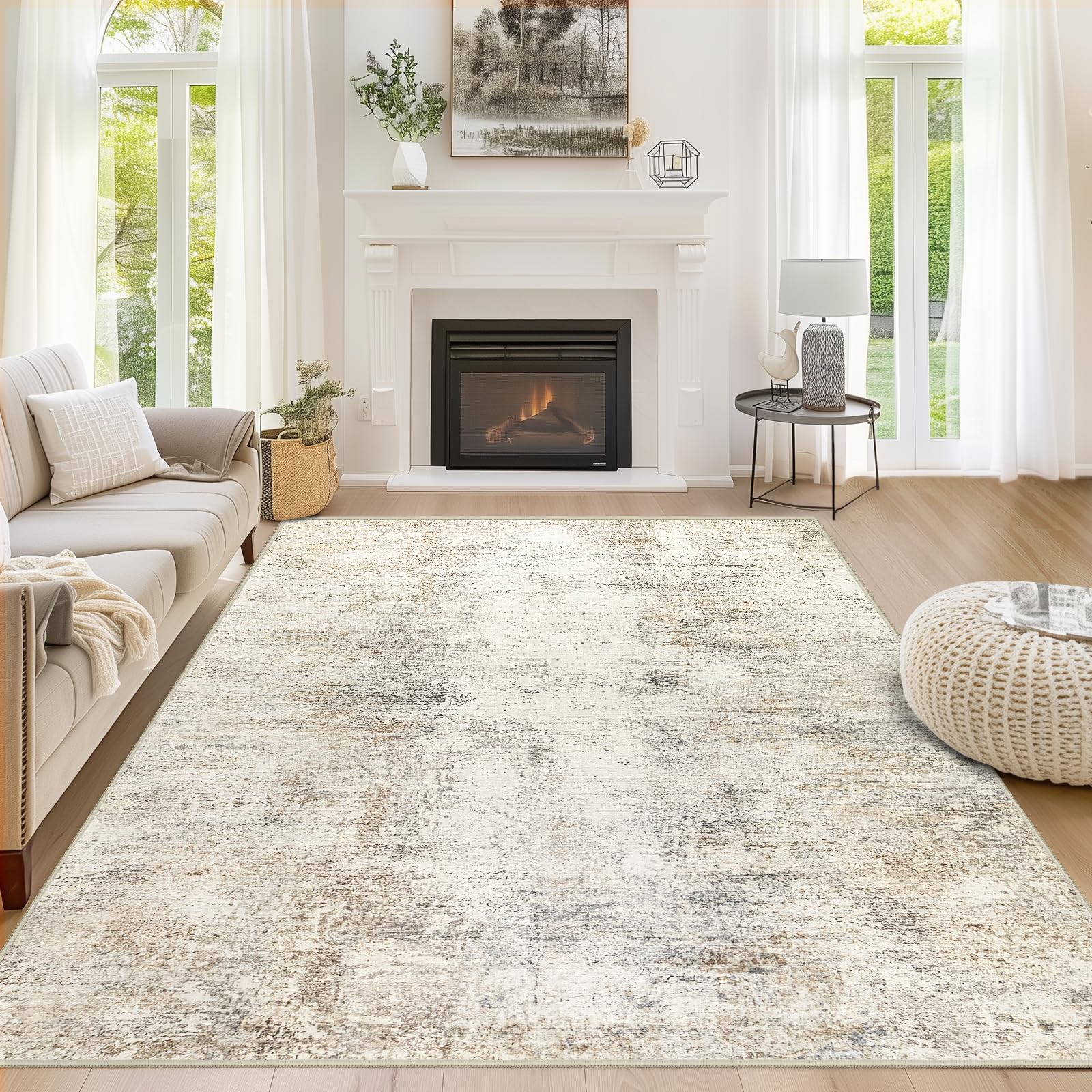 Capslpad 5x7 Abstract Area Rug, Non-Slip Washable Foldable Rug, Low Pile Ultra Soft Non-Shedding, Modern Beige Stain Resistant Large Rug for Living