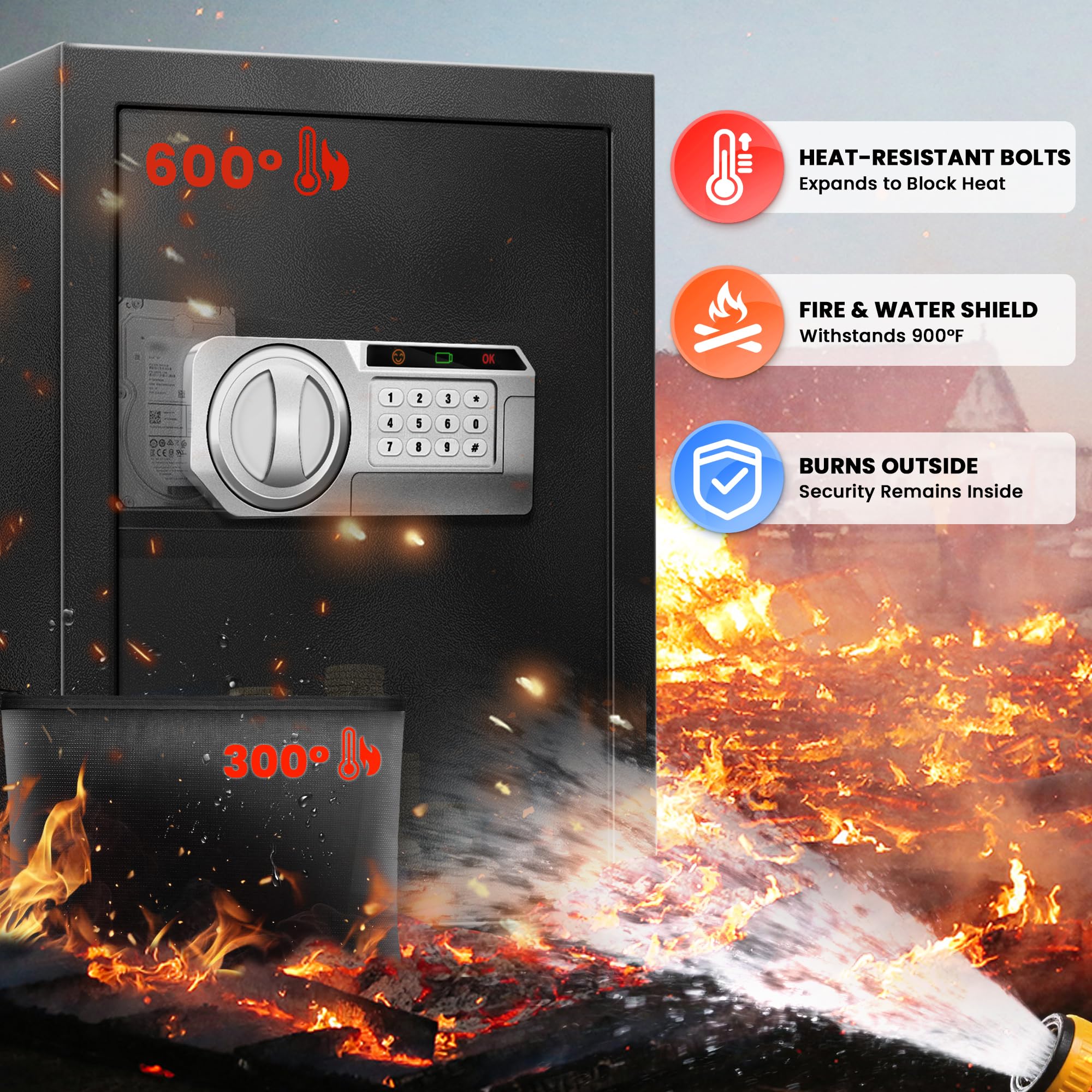 Caja fuerte ignífuga impermeable para el hogar, caja de seguridad digital electrónica de acero, caja de seguridad personal con sensor de luz LED y compartimento de alimentación externo para