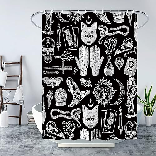 Miniatura 2 de Cortina de ducha de bruja de Halloween, color negro, espeluznante, alquimia gótica, psíquica, espeluznante, calavera, esqueleto, tablero de Ouija,