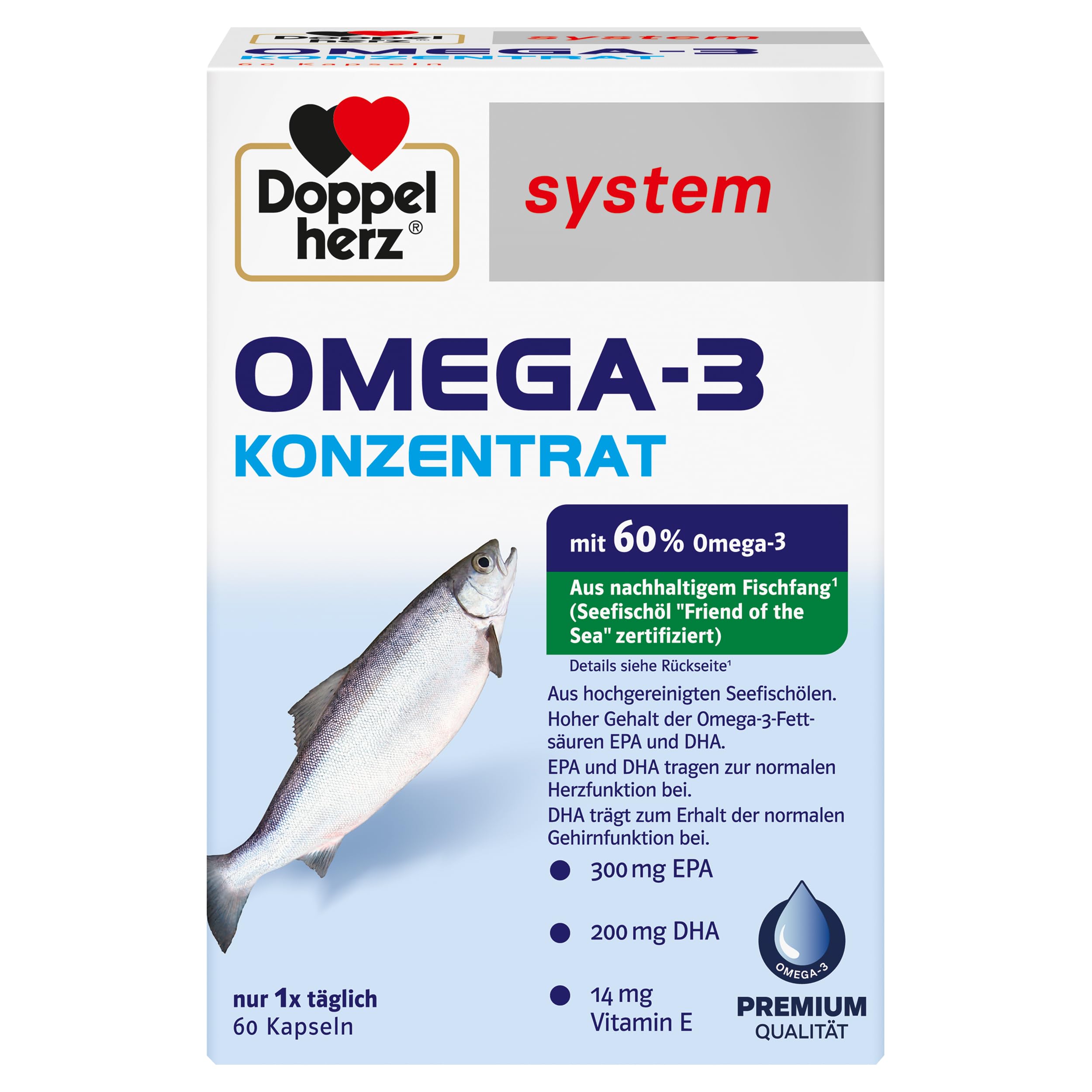 Doppelherz system OMEGA-3 KONZENRAT – Mit 300 mg EPA und 200 mg DHA pro Kapsel als Beitrag für die normale Gehirn- und Herzfunktion – 60 Kapseln