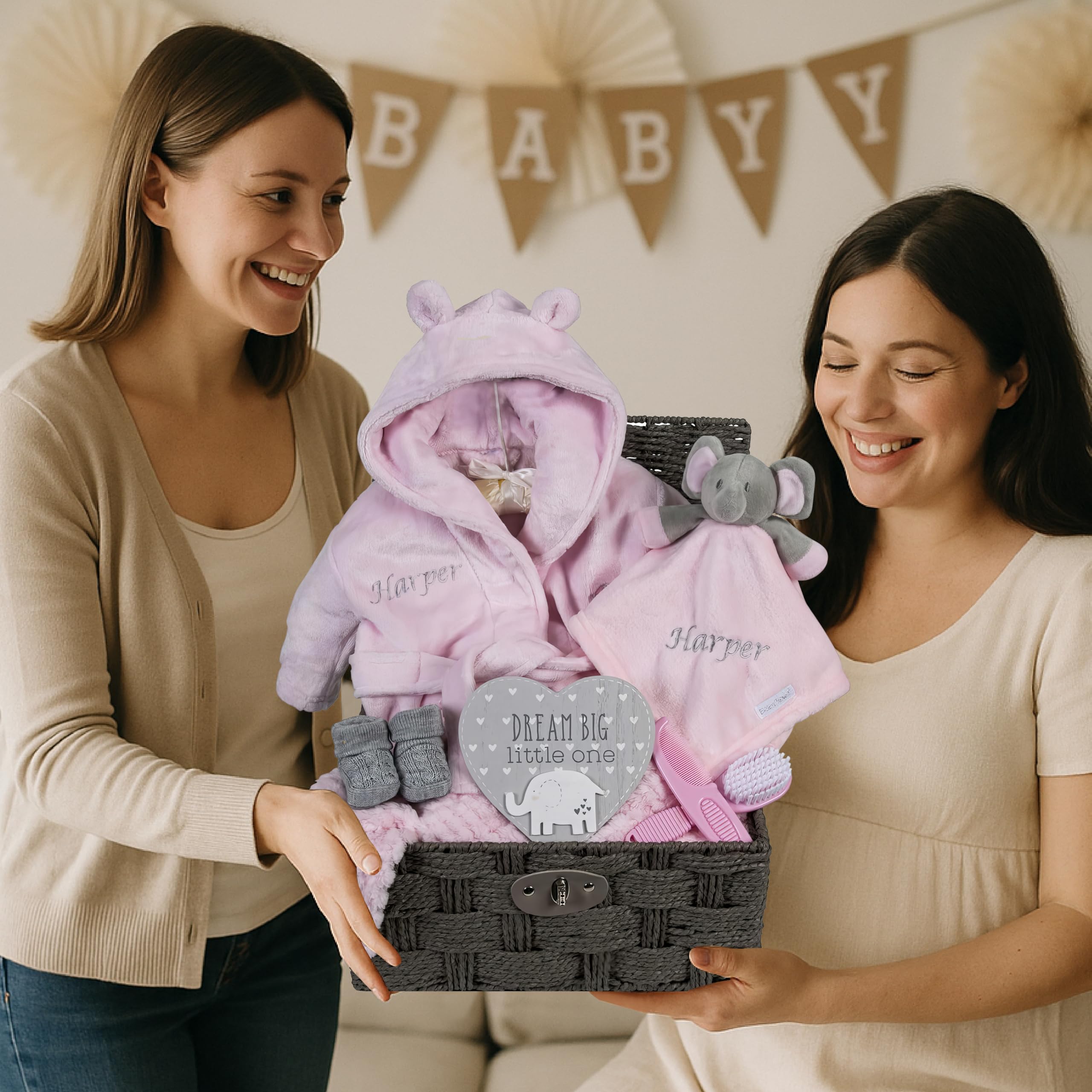 Hoolaroo Baby Gift Set Basket for Girls Pink Large Gift Hamper Newborn Elephant Comforter Blanket Baby Shower Special Unique New Present Soft Cute - Image 2