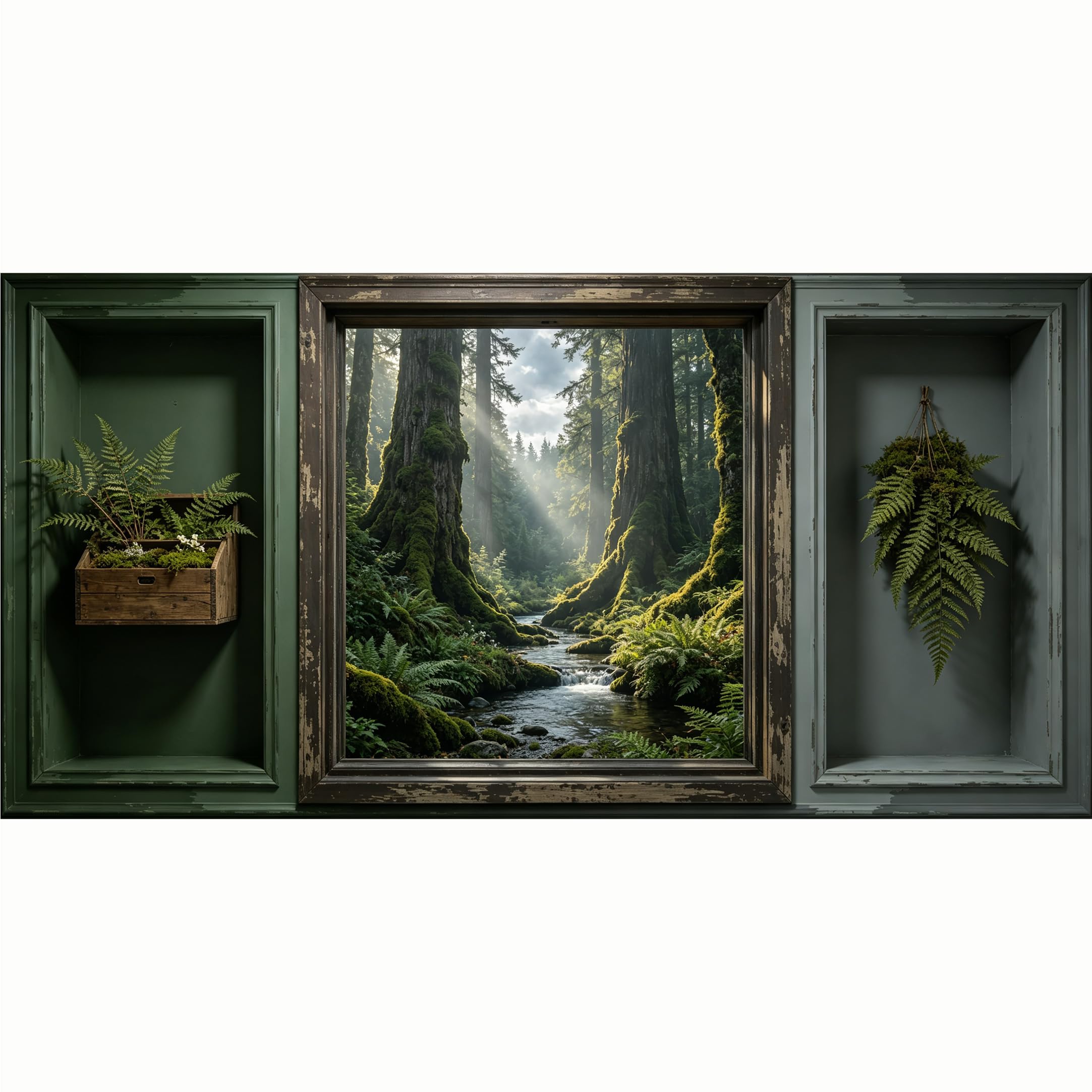 QZLITHOTIC 50x100cm 3D Framed Wall Art， Ancient Redwood Forest Creek Landscape Self‑Adhesive Mural， Water‑Activated Peel & Stick Fabric Decor Wall Decal for Bedroom Living Room