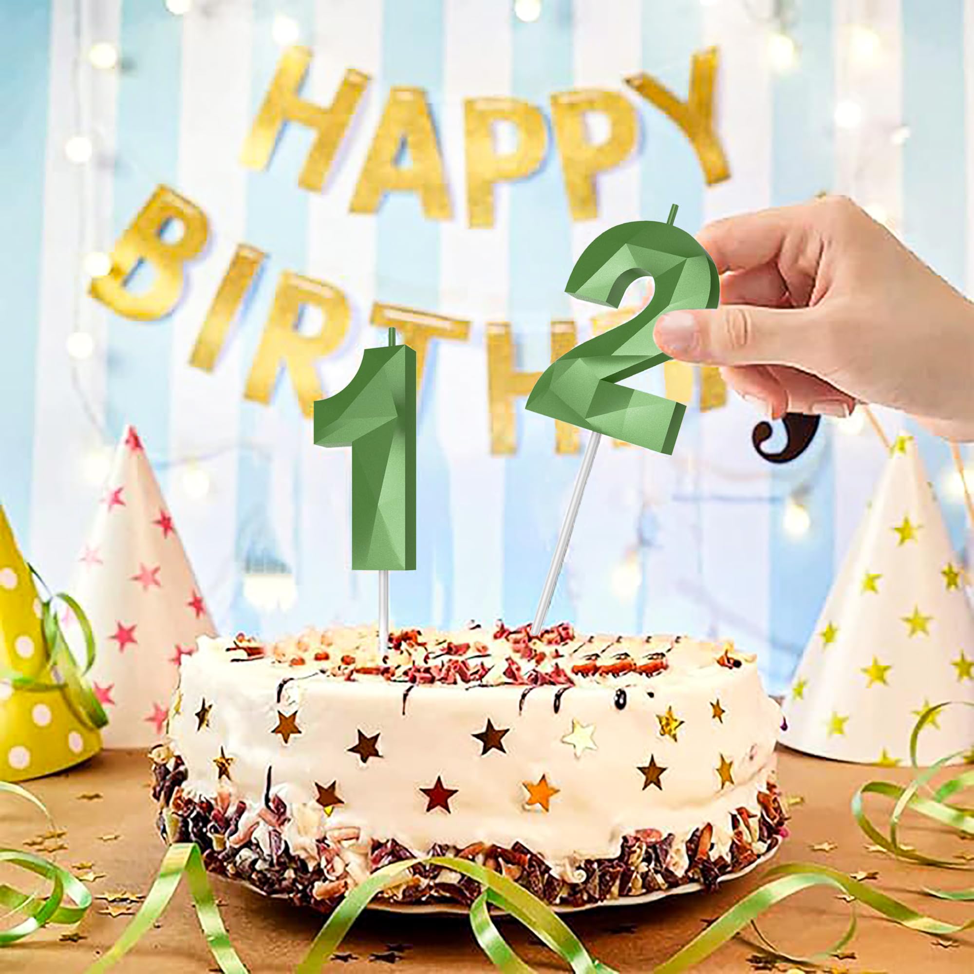 Velas de cumpleaños con números (3 velas verdes) en forma de diamante 3D, velas de pastel de feliz cumpleaños para fiesta de cumpleaños, decoración de bodas, reuniones, fiestas temáticas