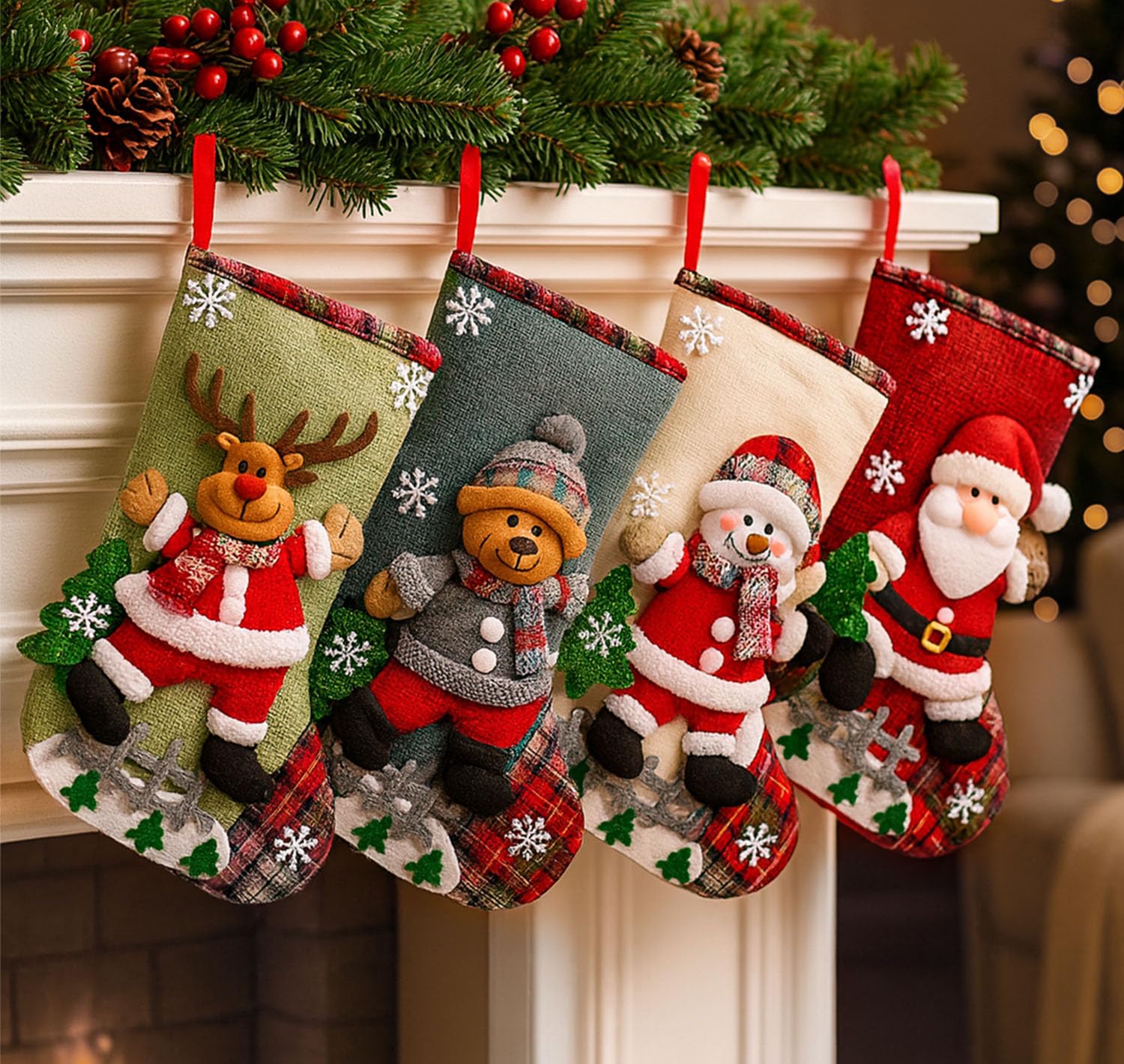 PANCA Set of 4 Big Size Christmas Decorations Stocking, 10 Inch Linen Xmas Gift Stockings, Large Hanging Christmas Tree Decoration Items for Xmas Tree, Home Decor, Door, Window, Ornament Wall Decor PANCA Set of 4 Big Size Christmas Decorations Stocking, 10 Inch Linen Xmas Gift Stockings, Large Hanging Christmas Tree Decoration Items for Xmas Tree, Home Decor, Door, Window, Ornament Wall Decor