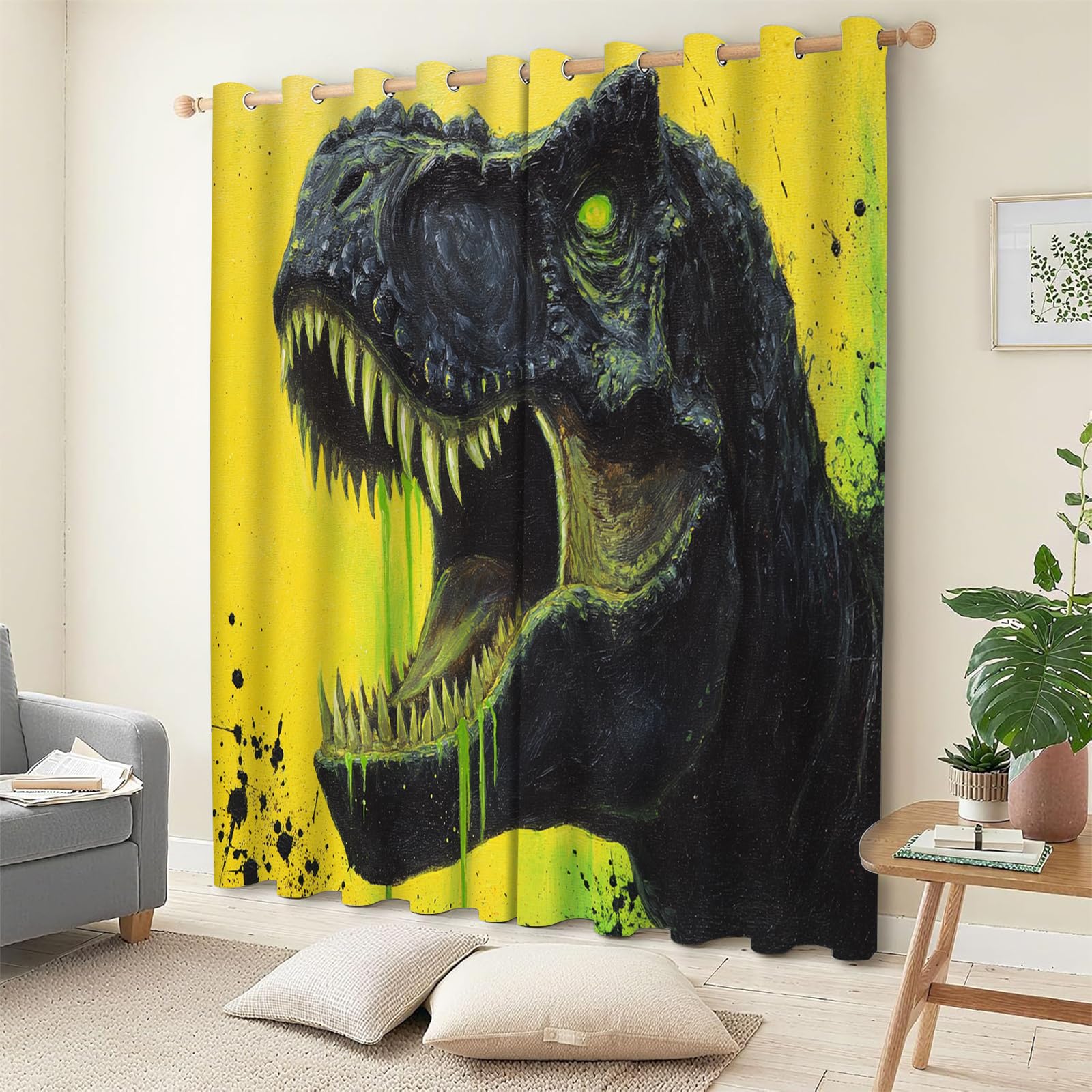 Rideau Occultant Garçons Dinosaure,Lot de 2 Rideaux Occultant Thermique Isolant à Oeillets,Résumé Jaune Decoration Chambre Salon Fenetre 140x260cm（LxH）