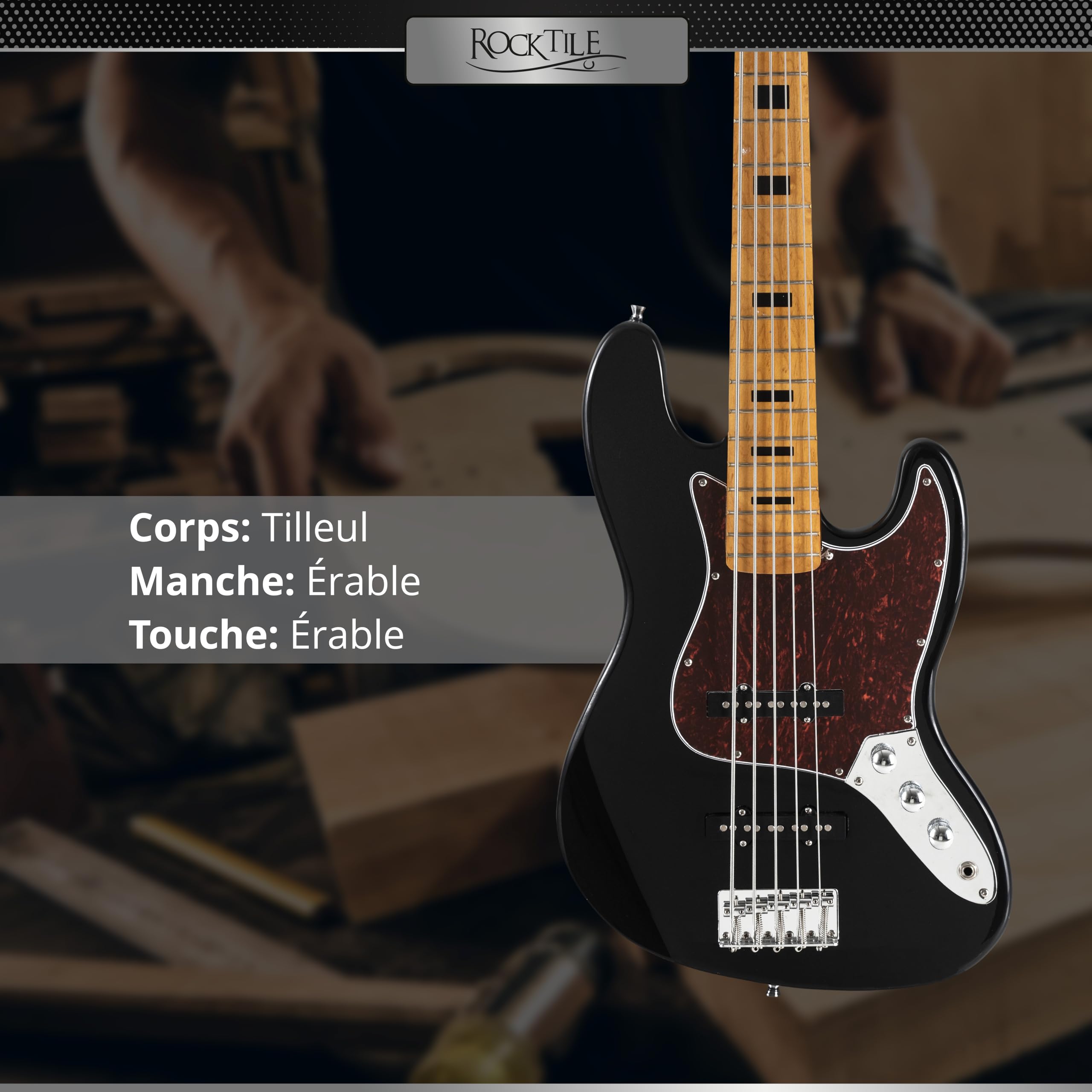 Rocktile Pro JBS50-BK Basse 5-cordes JB-Style - Corps en tilleul - Manche érable & touche érable - 2x Single Coil - 2x Volume, 1x Tone - Mensur 34" - Noir