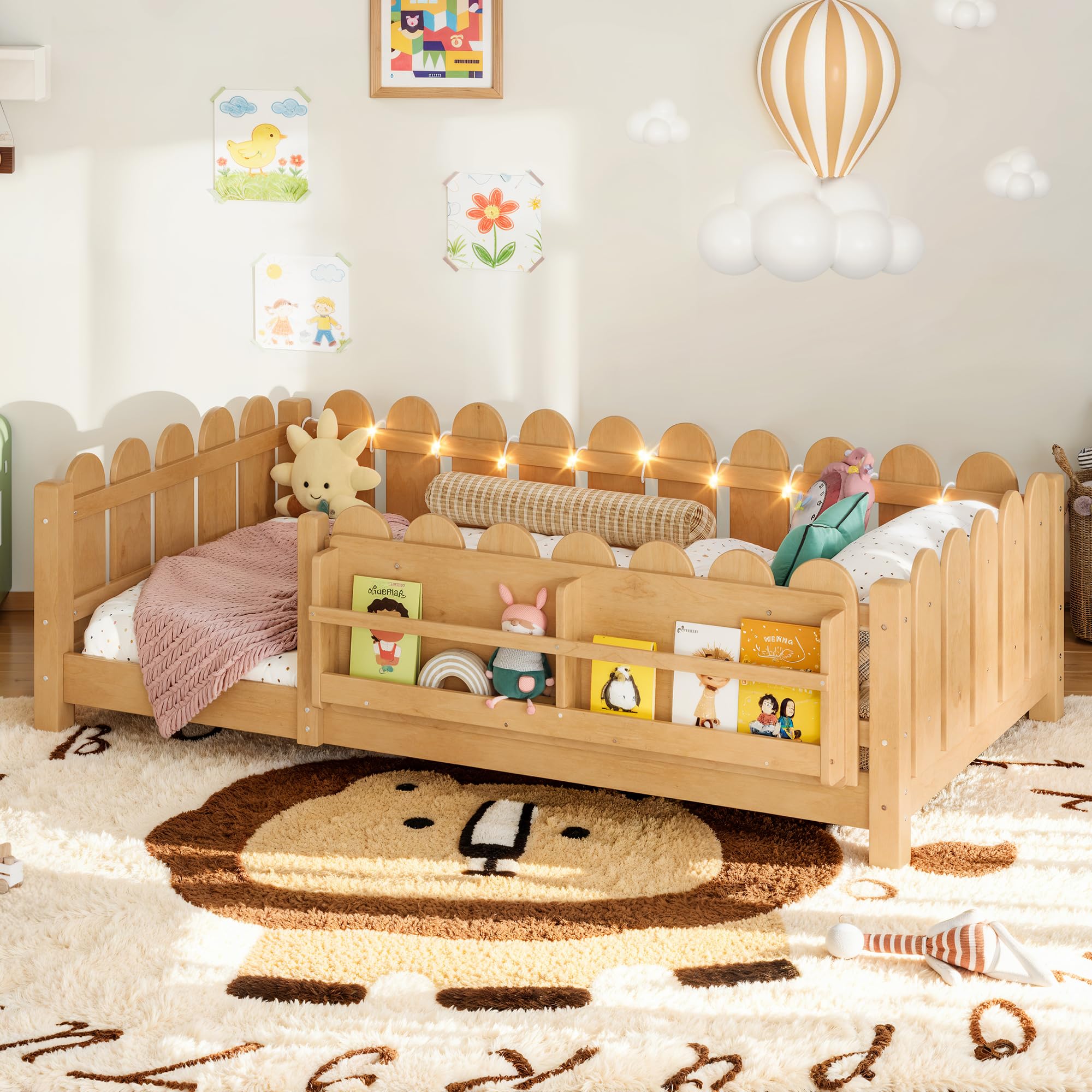 Photo 1 of Bellemave Twin Montessori Floor Bed with Bookshelf & LED Lights