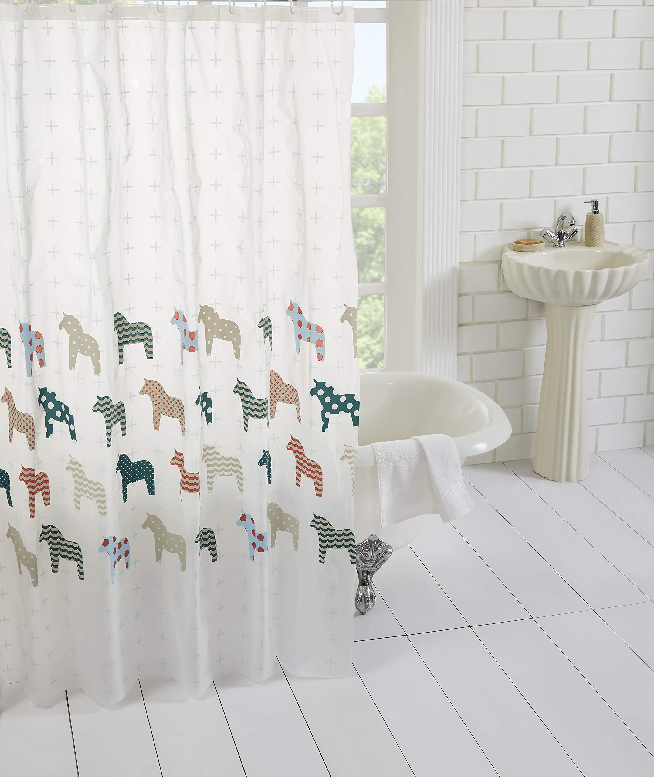 homewards PVC Digitally Printed Water Repellent Shower Curtain with 12 Hooks -72" x 72", Animal Design, White