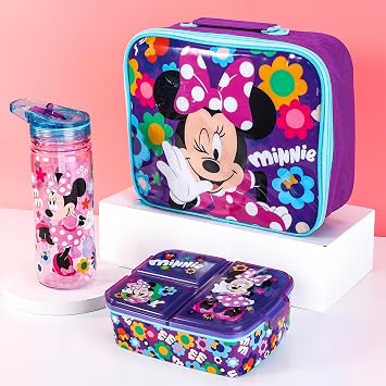 Minnie Mouse Kids Lunch Box Set – School & Travel Snack Boxes Set of 3 | Insulated Lunch Bag, Lunch Box with Compartments & 580ml Water Bottle, Lunch Bag & Box Gift Set for Boys & Girls | BPA Free