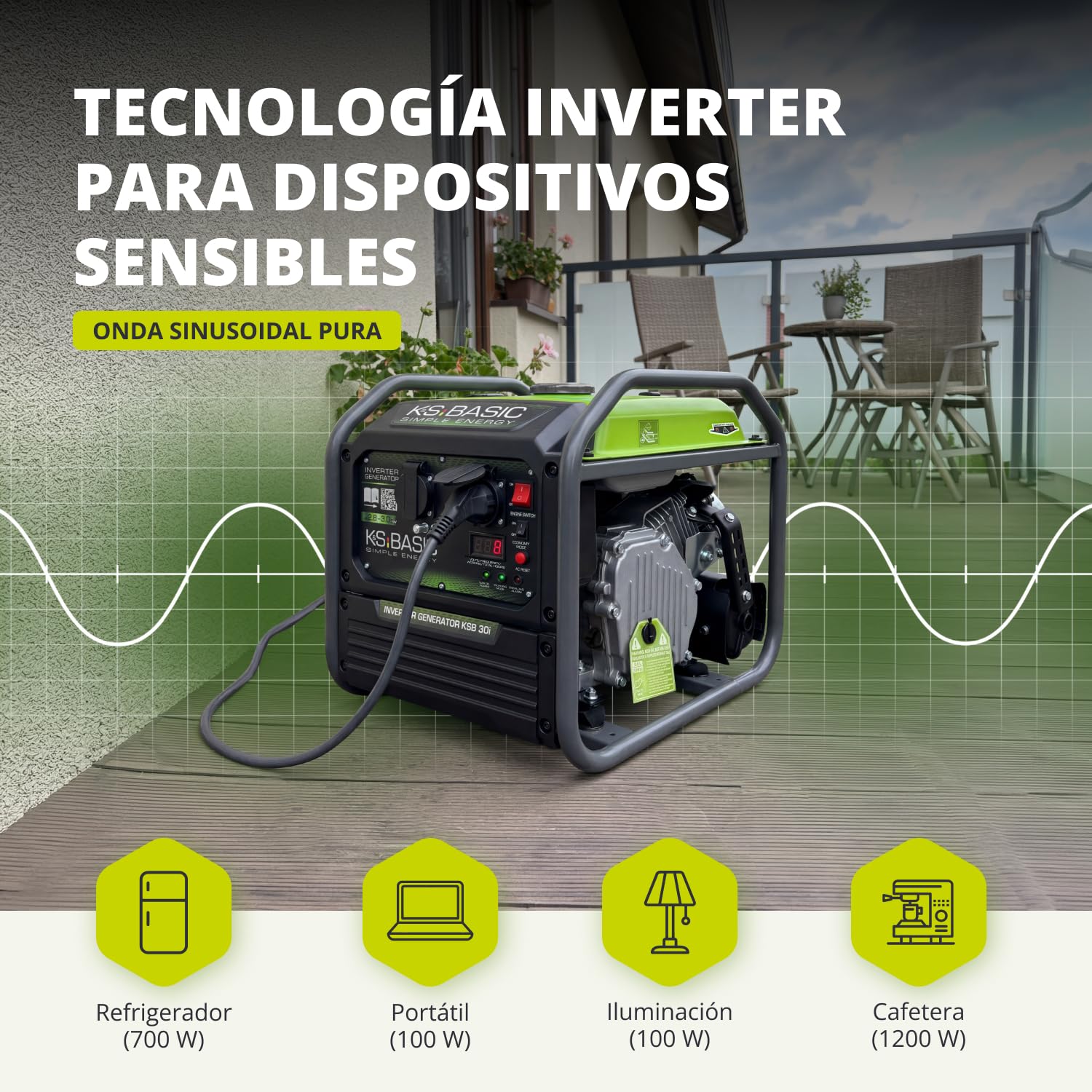 K&S BASIC 30i Generador inversor 2800 W, 3000 W máximo, grupo electrógeno compacto de gasolina, onda sinusoidal pura, generador con modo Eco, para el hogar, camping y trabajos de taller, EURO 5.