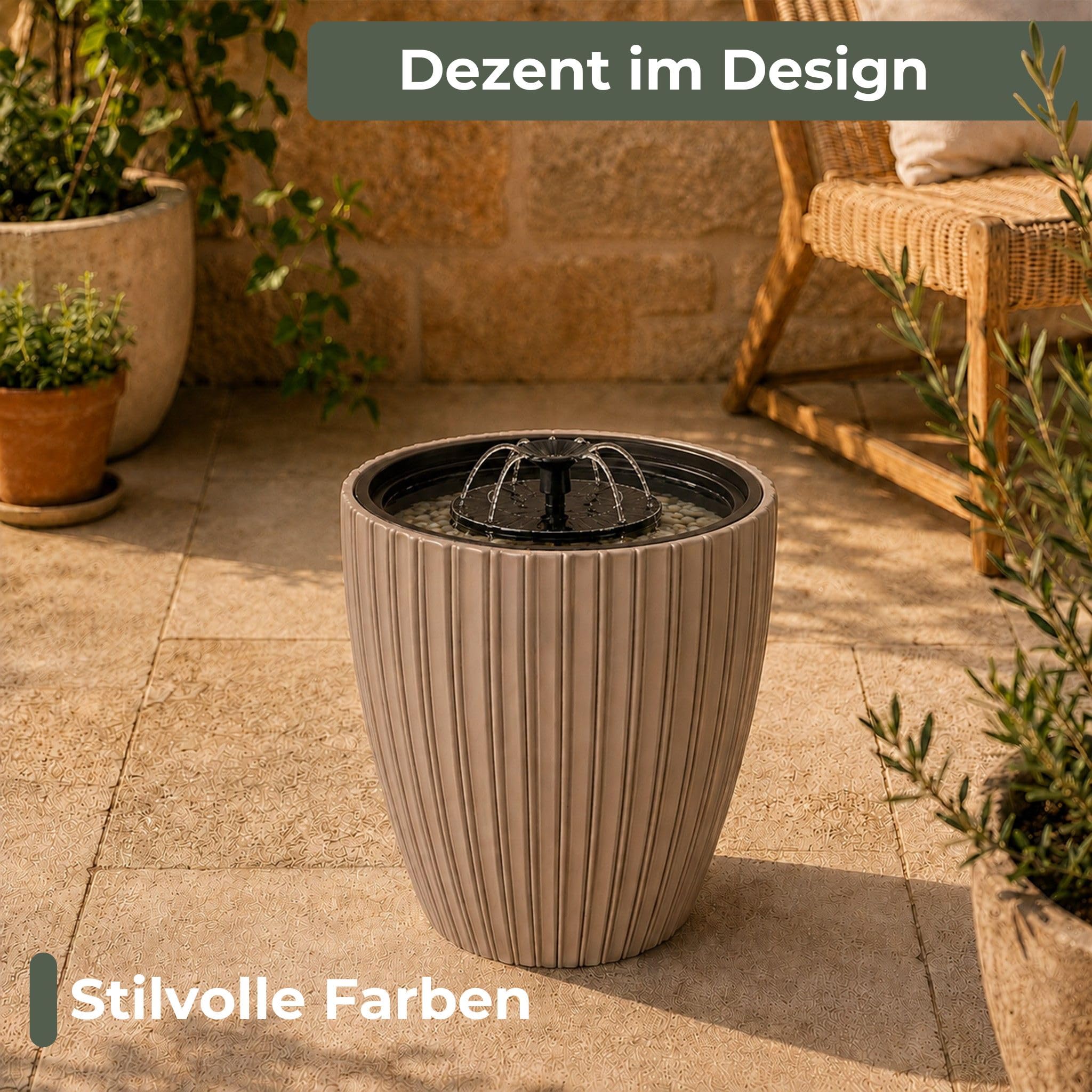 Fontana solare Premium con batteria, vaso verde tè Ø 39 x 58 cm, fontana da 3,5 W e pietre decorative