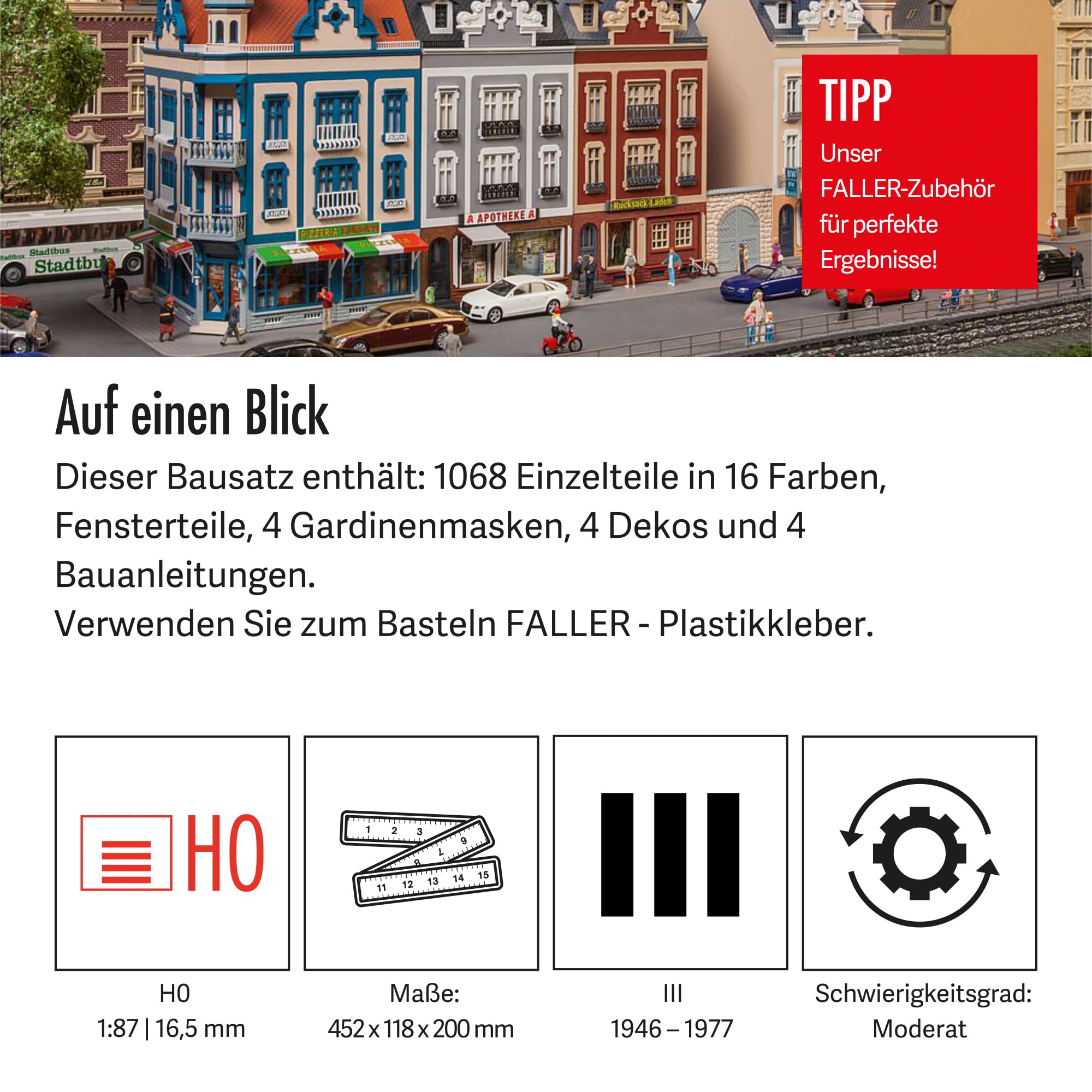 FALLER Stadthäuserzeile Beethovenstraße Modellbausatz mit 1068 Einzelteilen 452 x 118 x 200 mm I Modelleisenbahn Zubehör H0 I Modelleisenbahn H0 Stadt