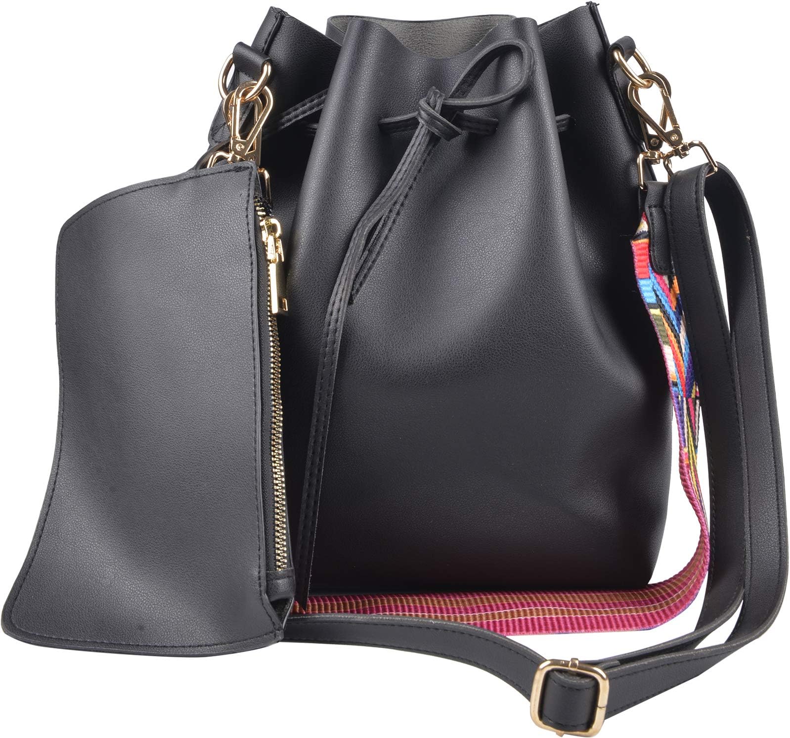 QZUnique Handbag Set Women's PU Leather Drawstring Bucket Bag Crossbody Shoulder Bags Purses Set With Colorful Strap Black