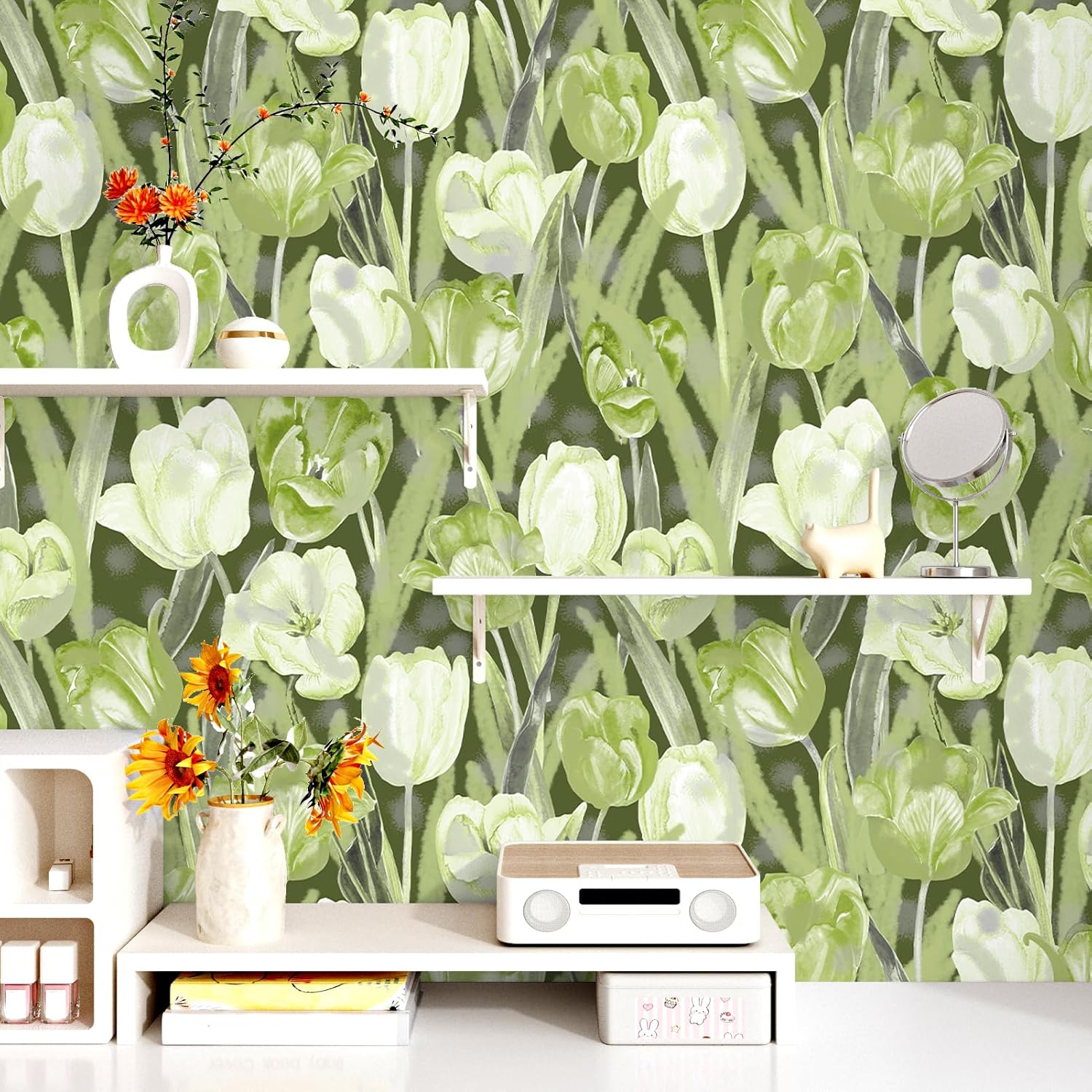 Green Floral Wallpaper Peel and Stick Tulip Floral Contact Paper Watercolor Peel and Stick Wallpaper Flower Removable Green/White Flower Wall Paper for Bedroom Nursery Living Room 17.7" x 120"