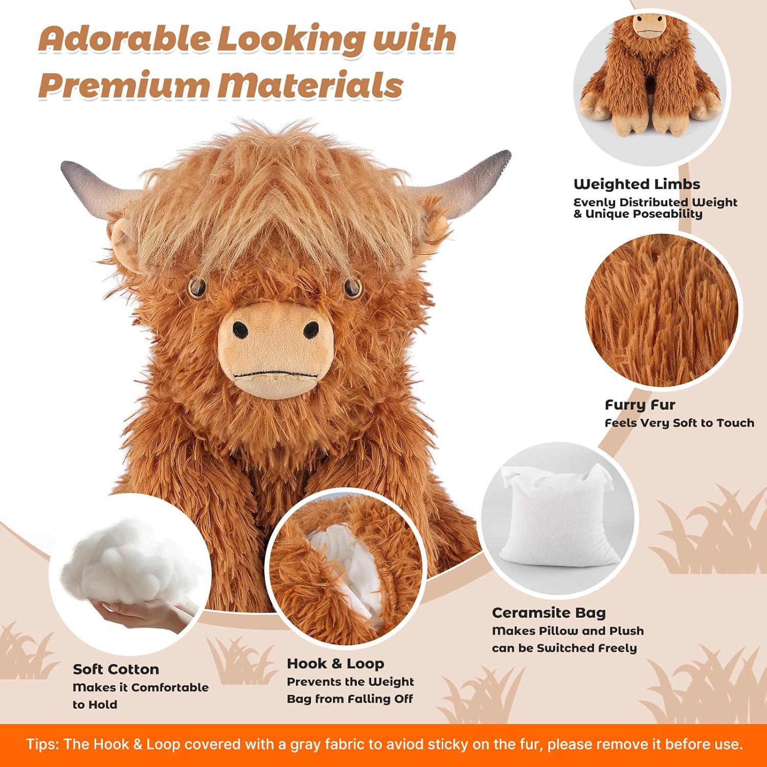 22" & 4.5 lbs Highland Cow Weighted Stuffed Animal, Adjustable Sitting & Laying Plush Toy Pillows with Removable Ceramsite Bag for Companion, Cuddly & Soft Gifts for Adults, Kids, Boys and Girls