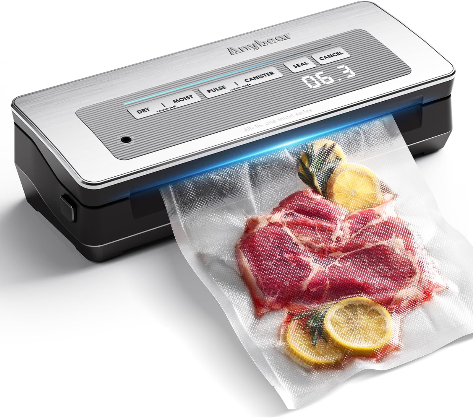 Vacuum Sealer Machine, Anybear Powerful 90kPa 120W Wide Seal Food Sealer with Bags Storage and Build-in Cutter | Digital Countdown Display | 2 Bag Rolls and 5pcs Pre-cut Bags (Silver)