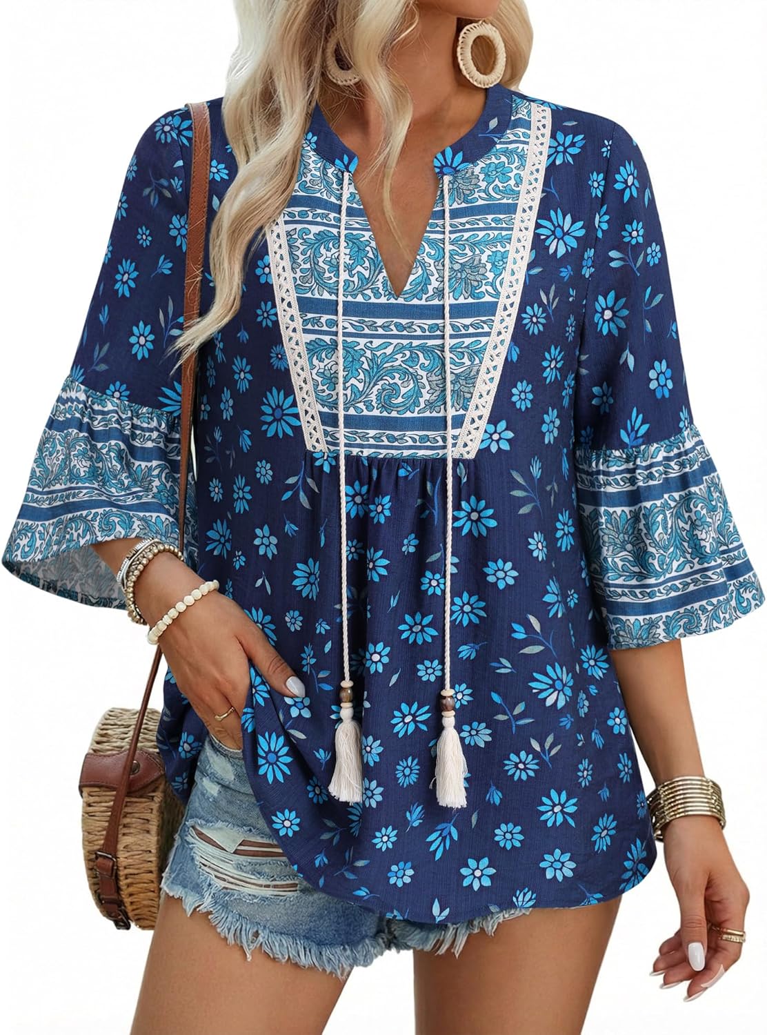 VALOLIA Womens Bohemian Peasant Tunic Blouse Floral Print V Neck Loose Casual Vacation Top