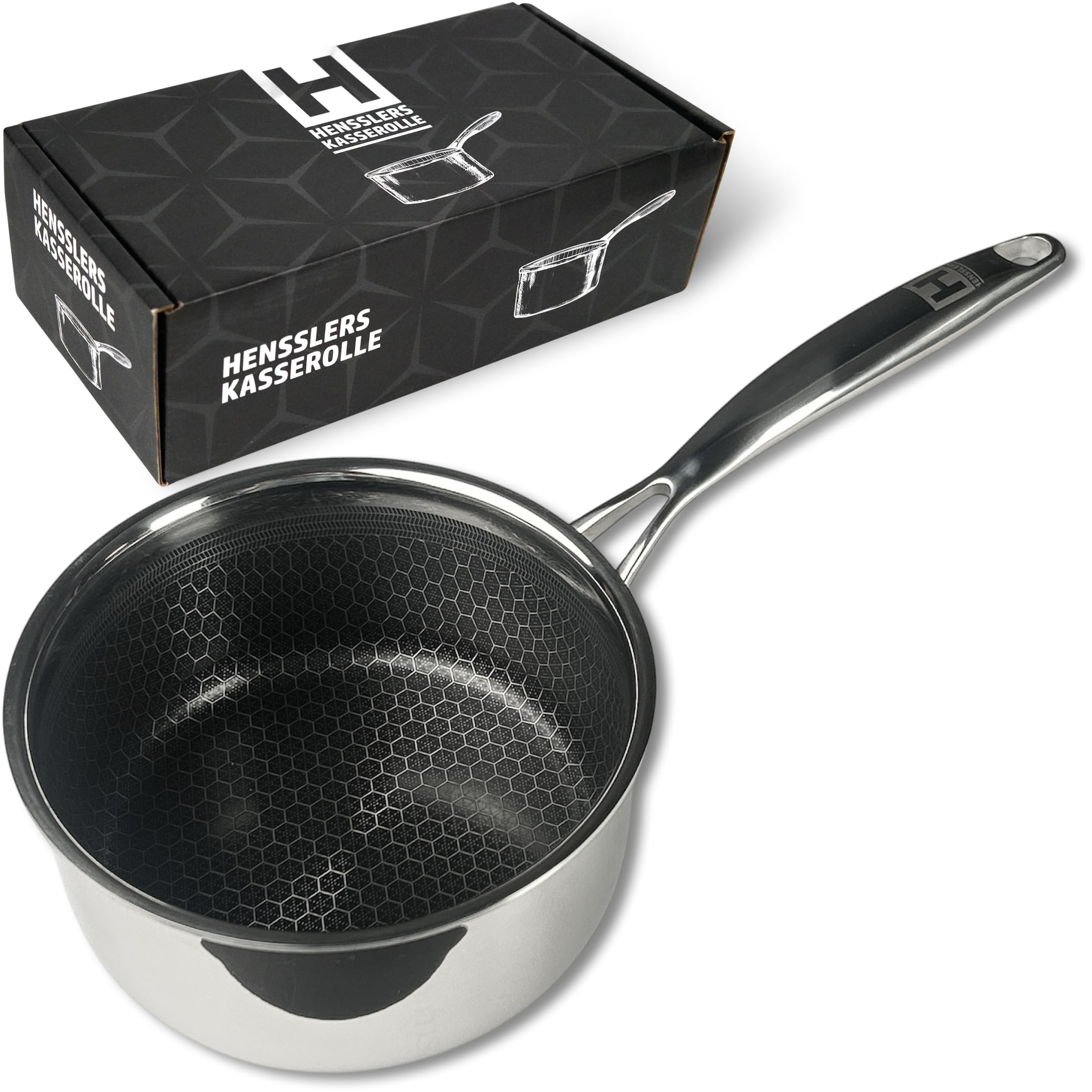 HENSSLERS® Stielkasserolle 16cm [ALLE HERDARTEN] - Saucepan aus Edelstahl - Stieltopf mit innovativer Keramikbeschichtung + Antihaftwirkung - Kochtopf klein - Mini Topf - Kasserolle Induktion geeignet