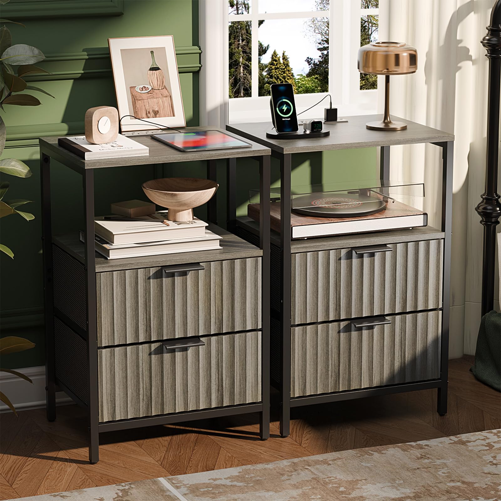 Diagram illustrating the dimensions and weight capacities of the nightstand's top surface, open shelf, and drawer.