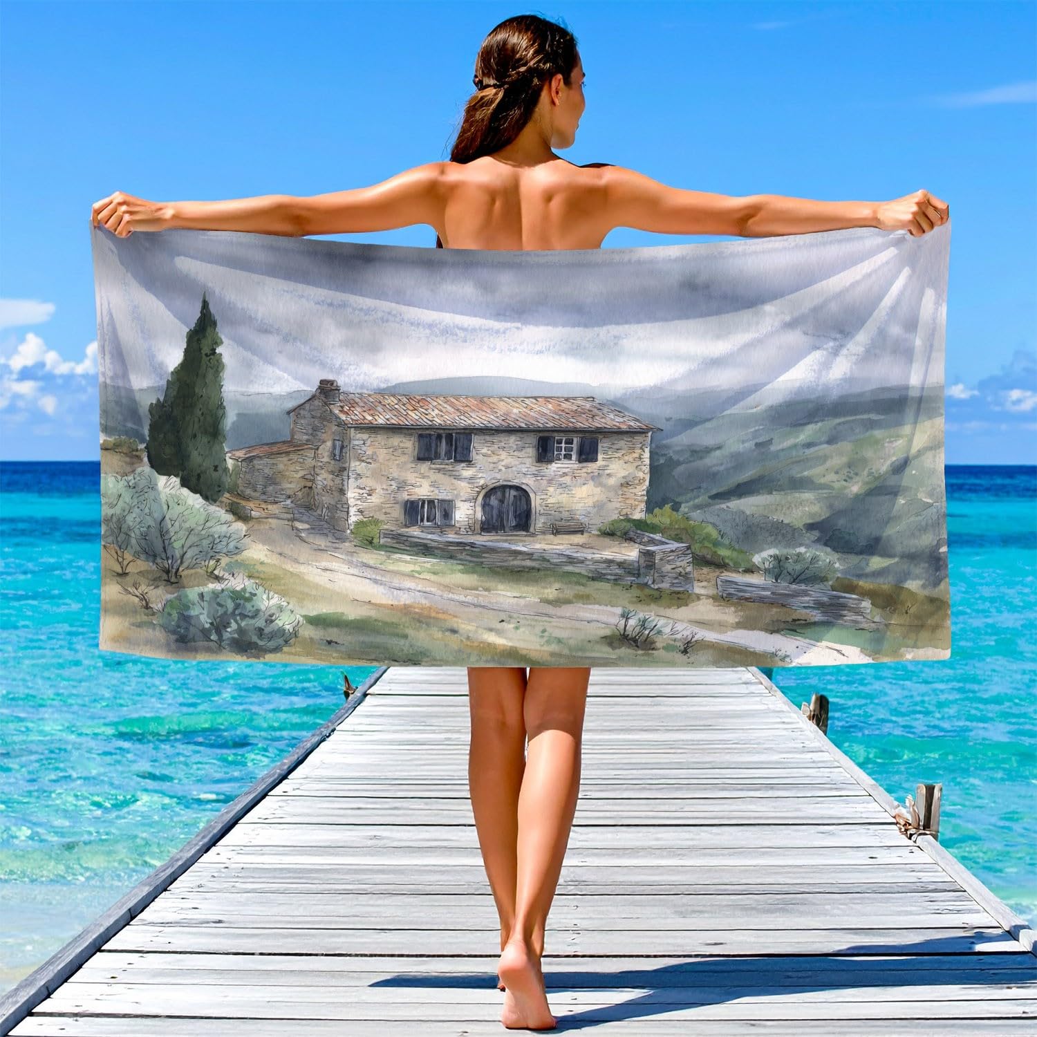 Serviette de Plage Microfibre 200 x 100 CM,Drap de Plage Classique, Doux, Élégant, Chat Tigr, Couverture de Plage Absorbante,Couverture de Bain Rayures, Fleurs, Feuilles Vertes, Architecture