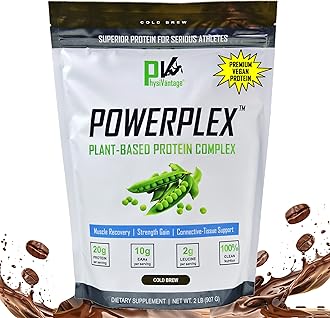 PhysiVantagePOWERPLEX Vegan Protein Powder, Collagen Alternative - Organic Plant-Based Pea & Rice Protein, Dairy-Free, Muscle & Joint Support, Monk Fruit Sweetened 2 lb (Cold Brew - Mocha Flavor)
