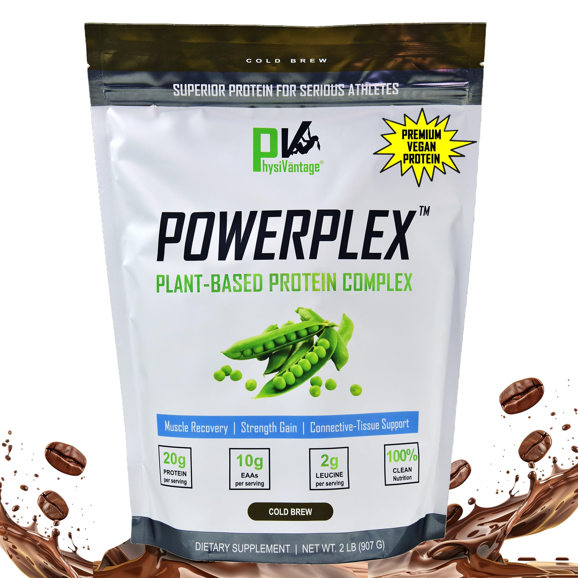 PhysiVantagePOWERPLEX Vegan Protein Powder, Collagen Alternative - Organic Plant-Based Pea & Rice Protein, Dairy-Free, Muscle & Joint Support, Monk Fruit Sweetened 2 lb (Cold Brew - Mocha Flavor)