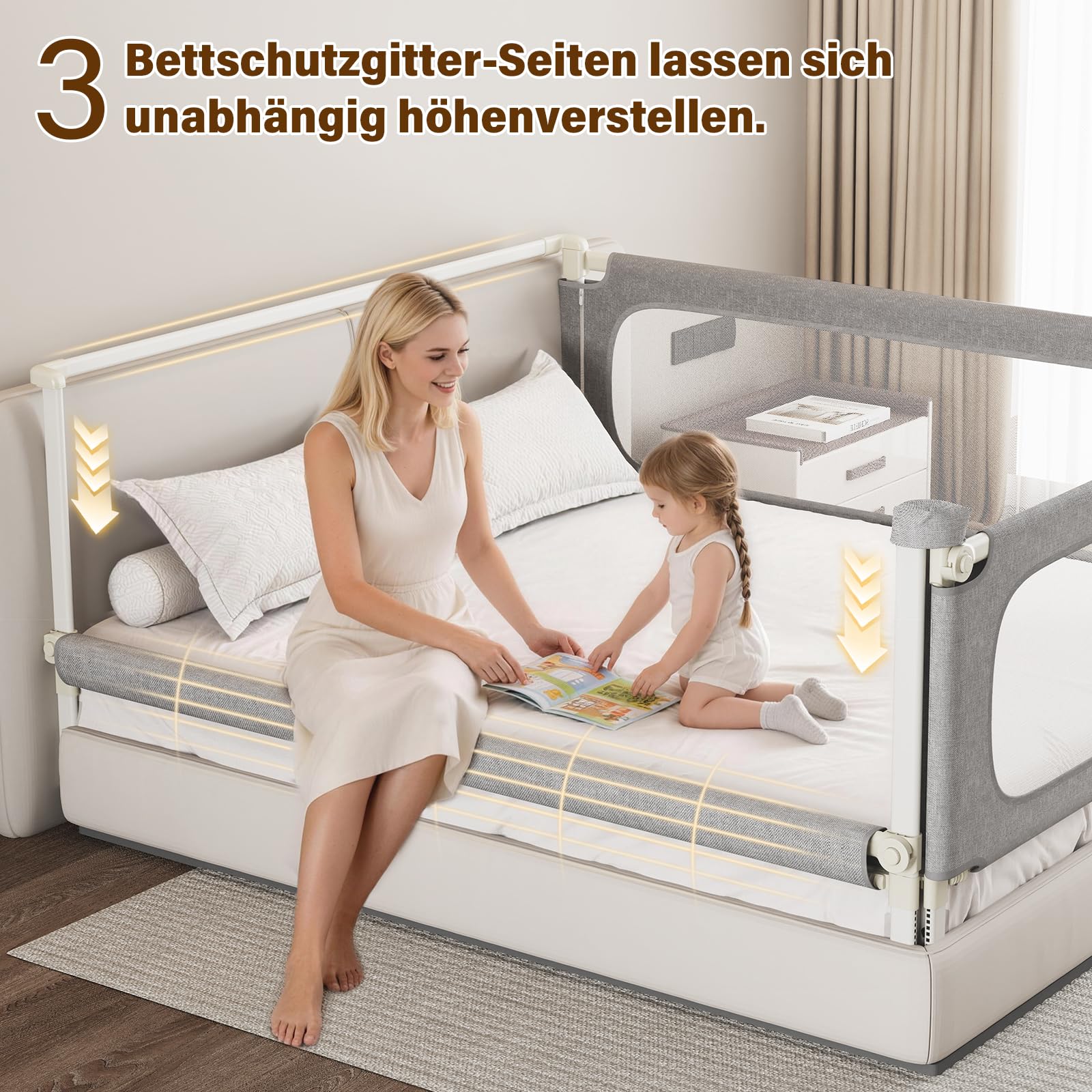 Bettgitter Rausfallschutz 3-seitig 180x200cm mit Spaltfüllstäbe | U-förmige Stabilstangen, Höhenverstellbar 66–96cm, Einklemmschutz, Werkzeuglose Montage, Mit Bettkopfstab für Boxspringbetten