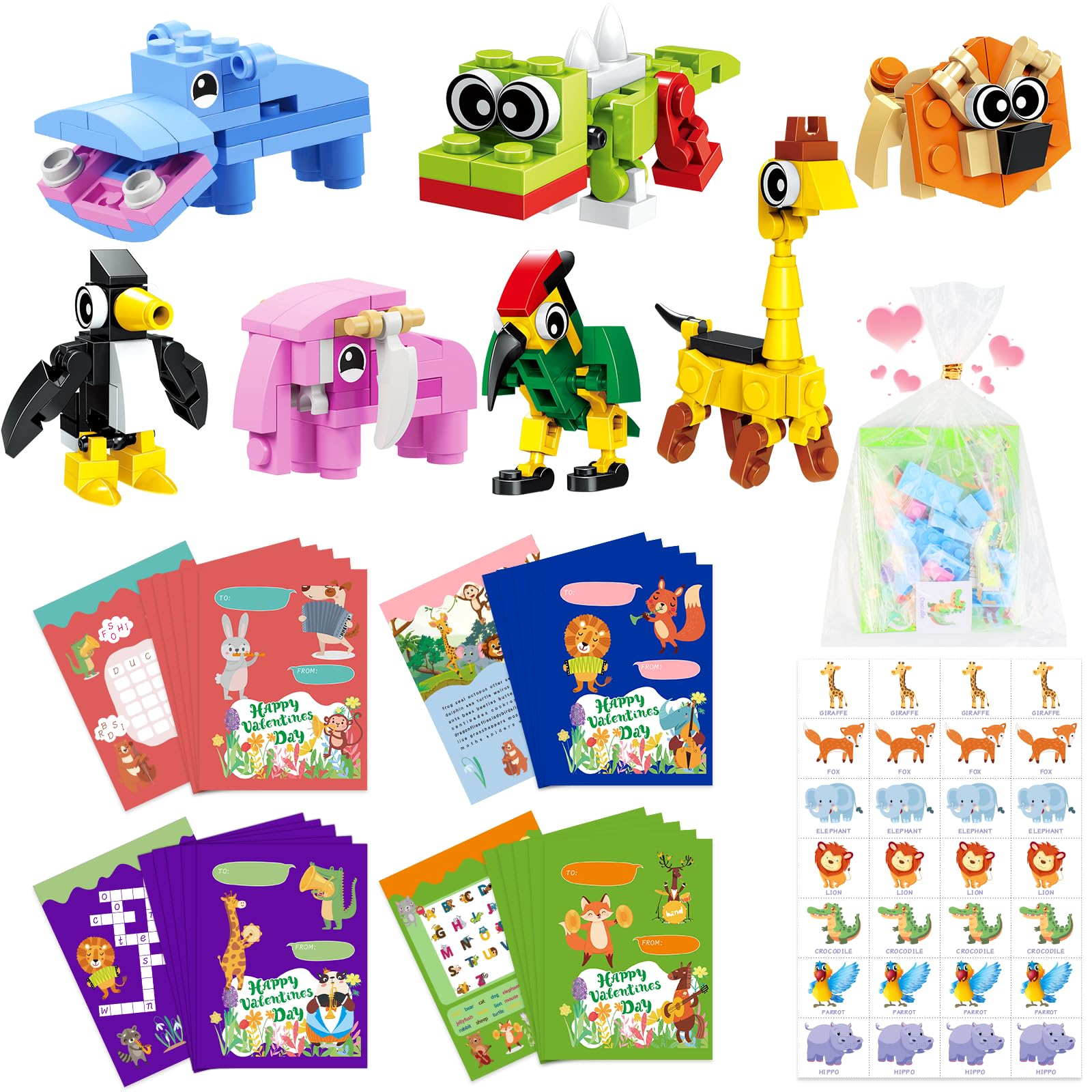 YTKIH 28 Packet, Bulk Valentines Day Gifts for Kids Classroom, Include Animal Building Blocks, Cards, Stickers, Goodie Bag, Valentines Party Favors Class Exchange for Boys Girls