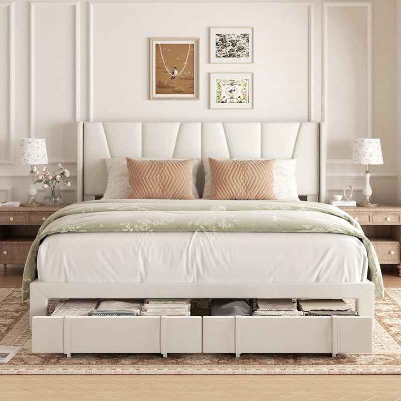 King Bed Frame with 2 Storage Drawers, Velvet Upholstered Bed, Beige image 3